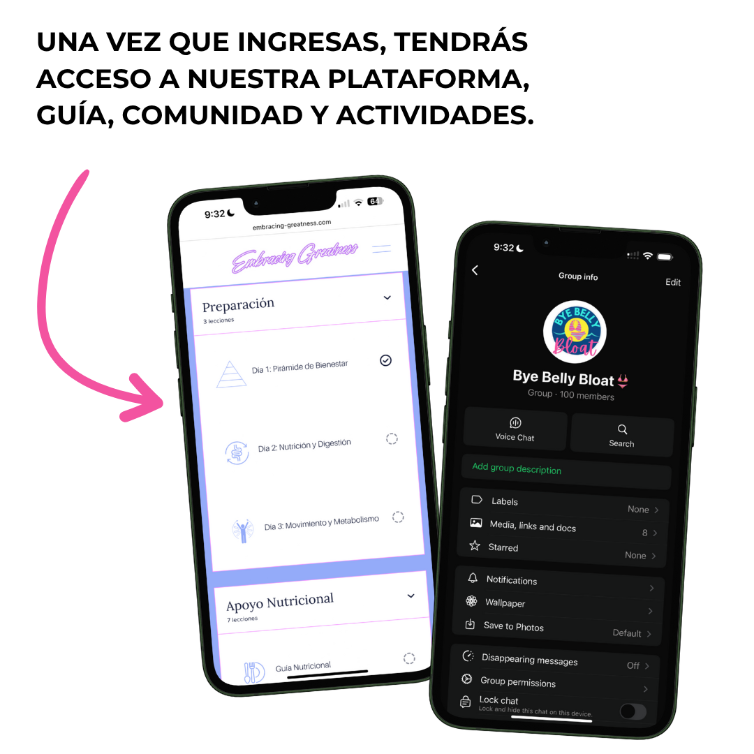 Pantallas de teléfonos móviles mostrando una plataforma de cursos en línea y un chat de grupo titulado "Bye Belly Bloat" en modo oscuro.