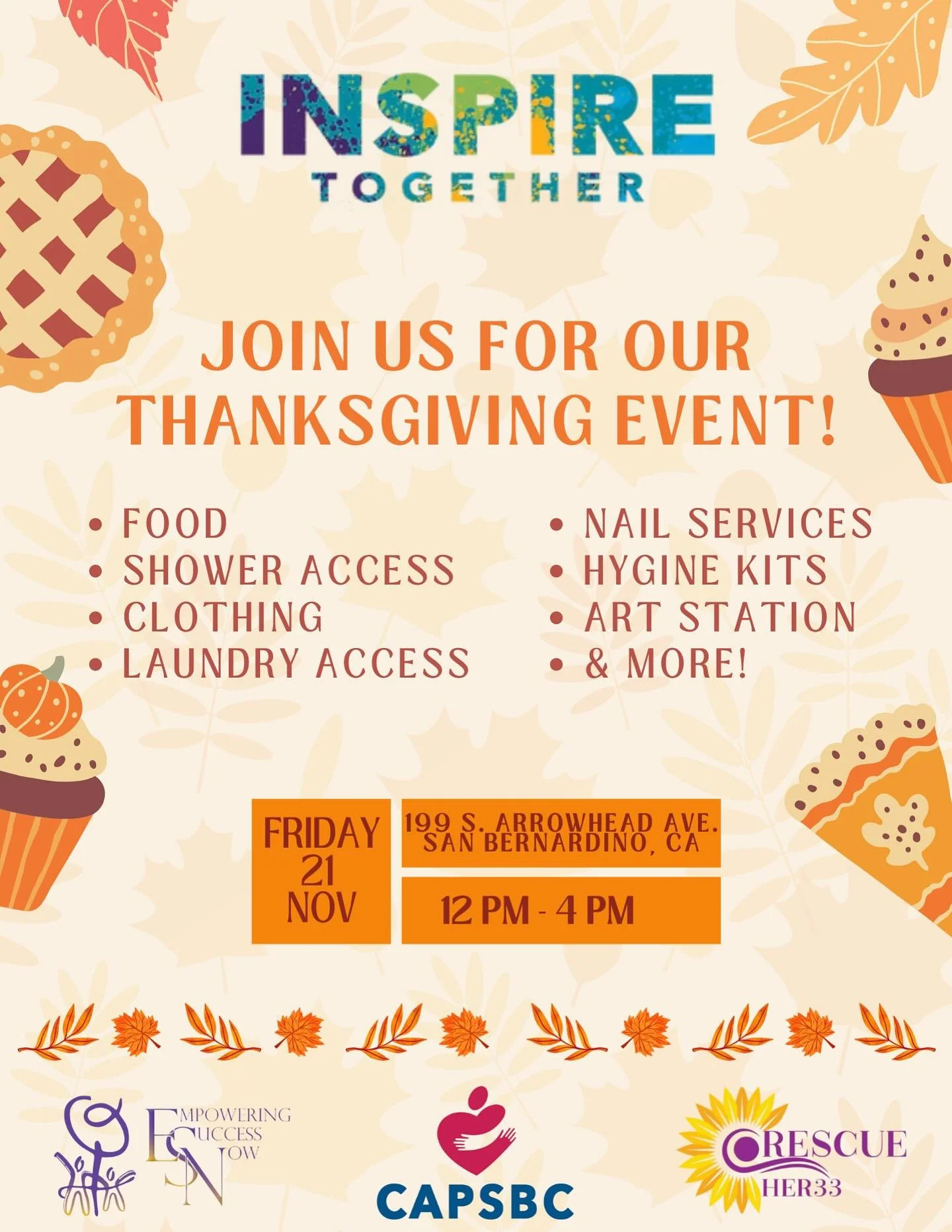 🧡 Join us for a Day of Community 🧡
We&rsquo;re hosting a special Thanksgiving event to share food, care, and connection with our community in San Bernardino.
✨ Free services include:
&bull; Hot meals
&bull; Clothing + hygiene kits
&bull; Shower &am