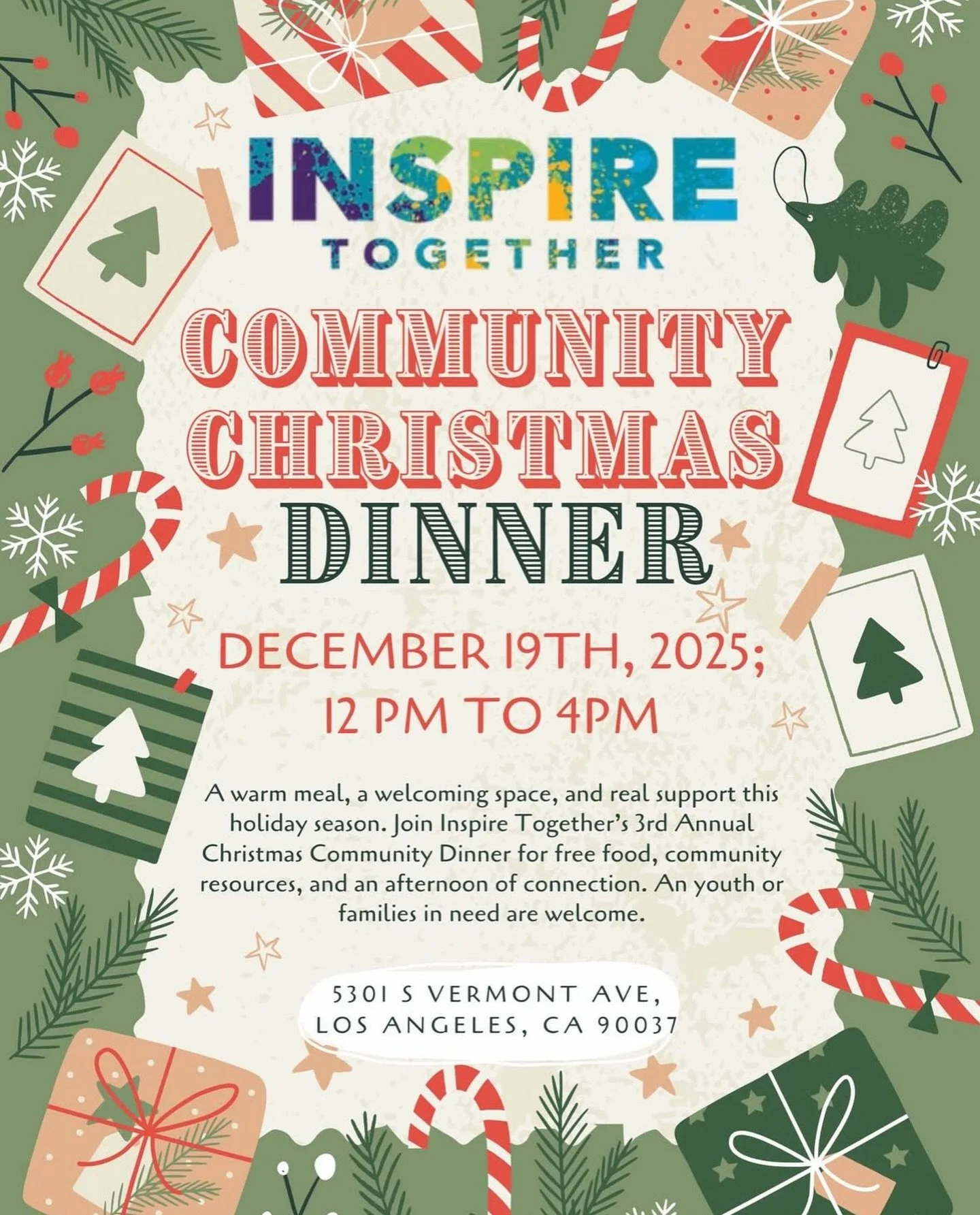 Please Join Inspire Together for our 3rd Annual Community Dinner feeding all youth and
families in need. 🎉 Friday December 19th,2025 12-4pm 🎉 We look forward to seeing you ❤️