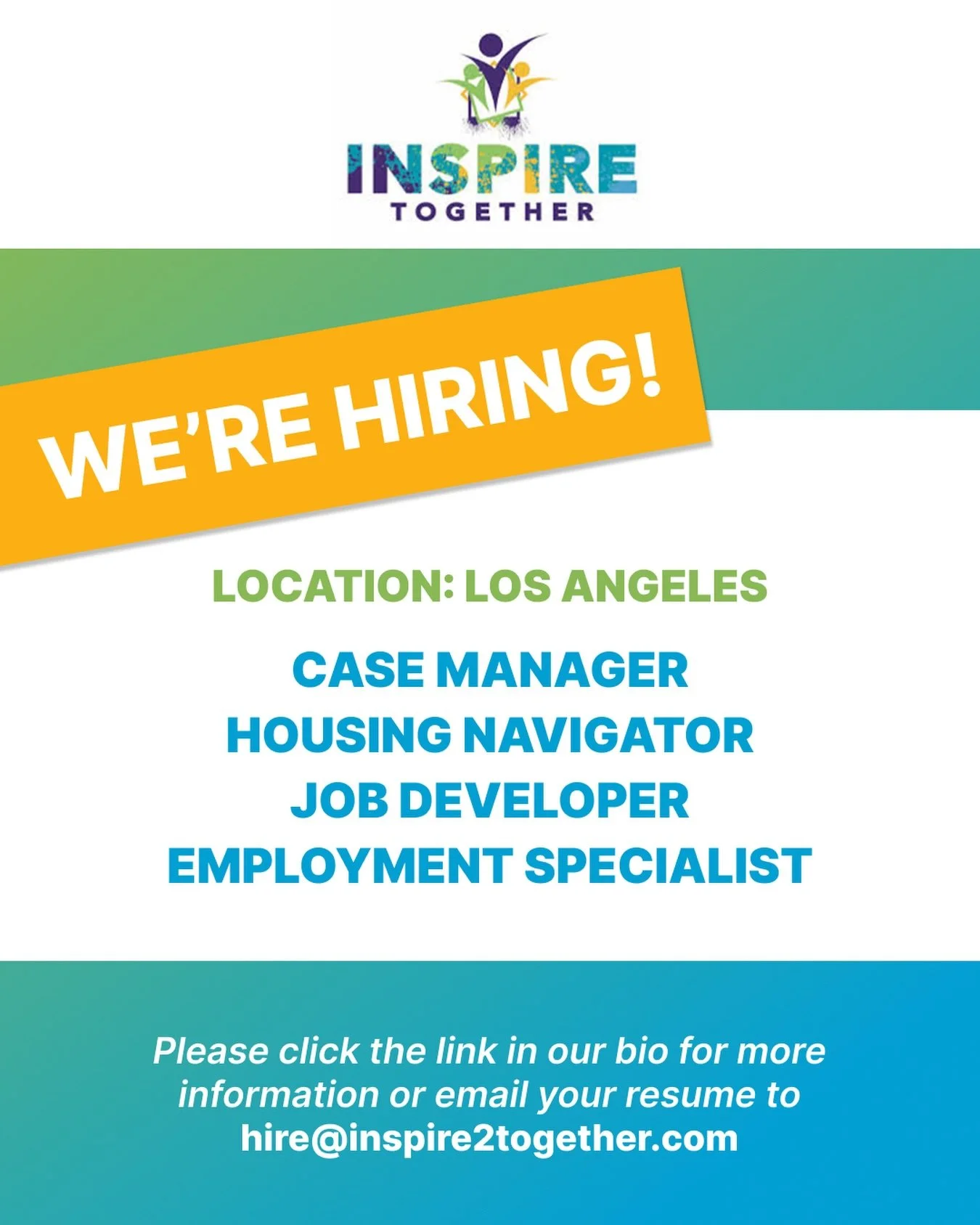 We&rsquo;re hiring! Send us an email with your resume to hire@inspire2together.com 💚