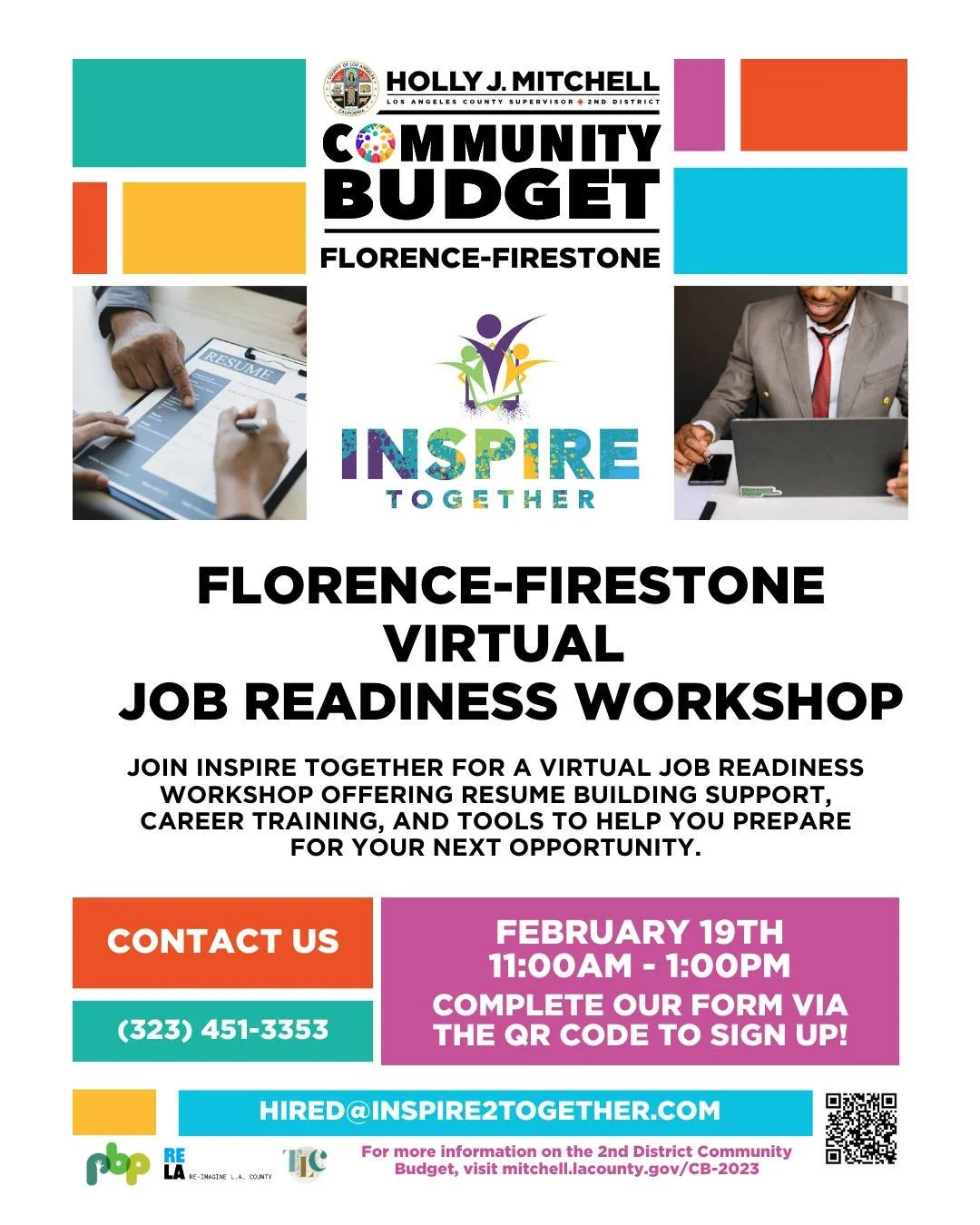 Join Inspire Together for a virtual job readiness workshop offering resume building support, career training, and tools to help you prepare for your next opportunity. Please fill out the Florence-Firestone Intake form before signing up via the QR cod