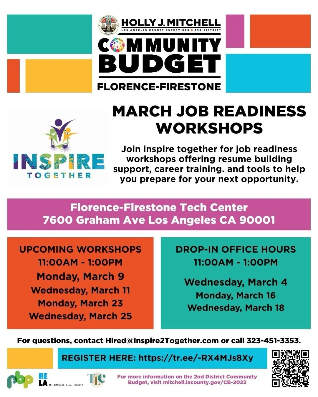 We&rsquo;re excited to continue hosting our Florence&ndash;Firestone Job Readiness Workshops!

Sign up through our Linktree to receive an invitation to each upcoming session.

For more information, please contact hired@inspire2together.com.

Workshop