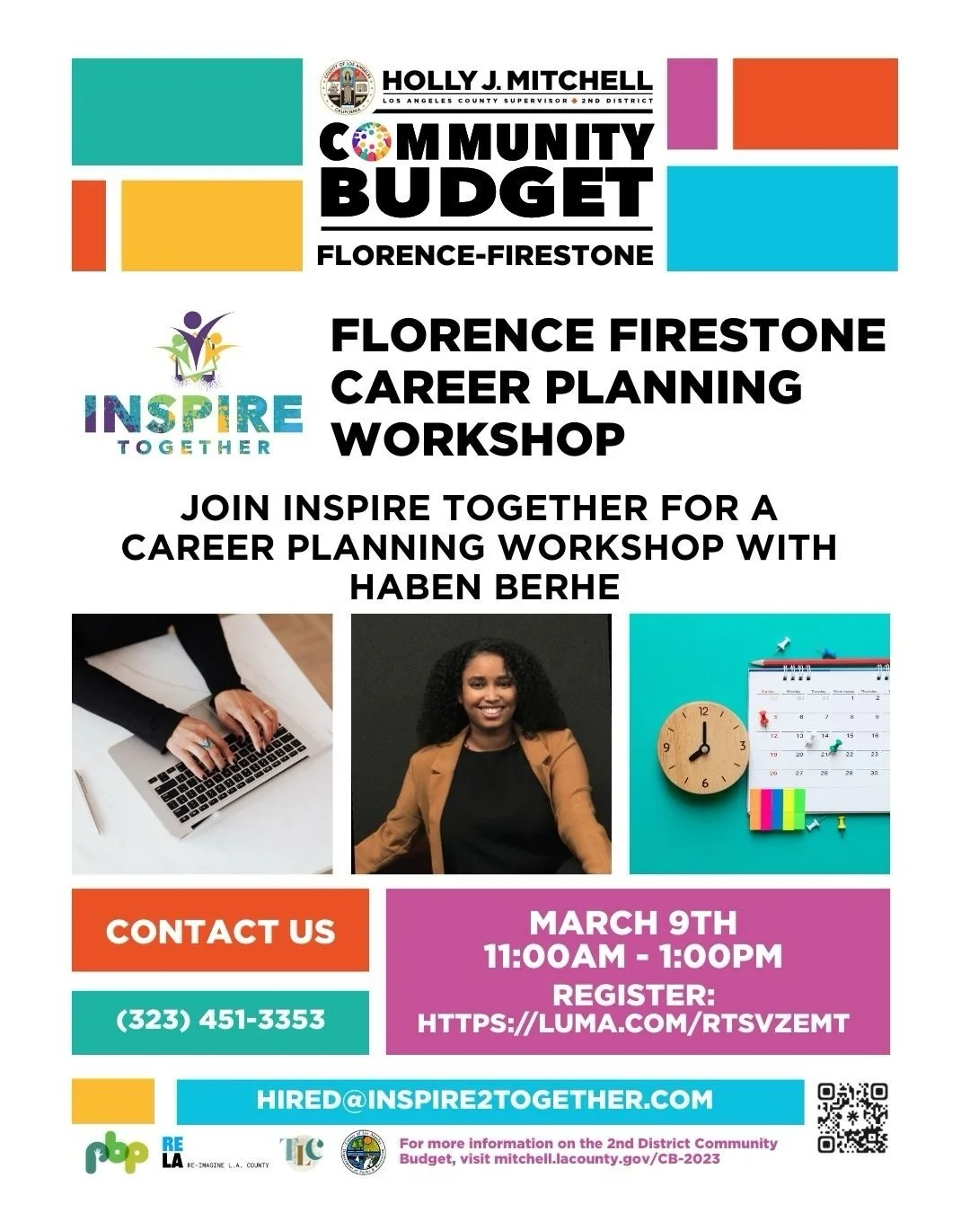 There&rsquo;s still time to join us!

Today at 11 AM, Inspire Together is hosting a Career Planning Workshop at the Florence-Firestone Tech Center with career coach Haben Berhe. Learn practical strategies for planning your career, setting goals, and 
