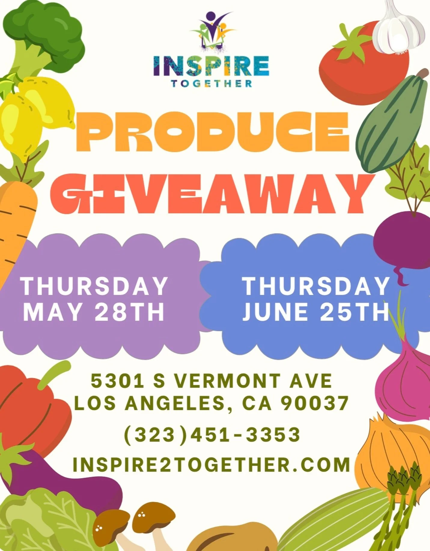 Join us for our monthly Produce Giveaway at Inspire Together. Fresh produce will be available free to the community on a first come, first serve basis while supplies last.

More details about timing will be shared the day of each giveaway 🍓🍎🍑🍏🍌?