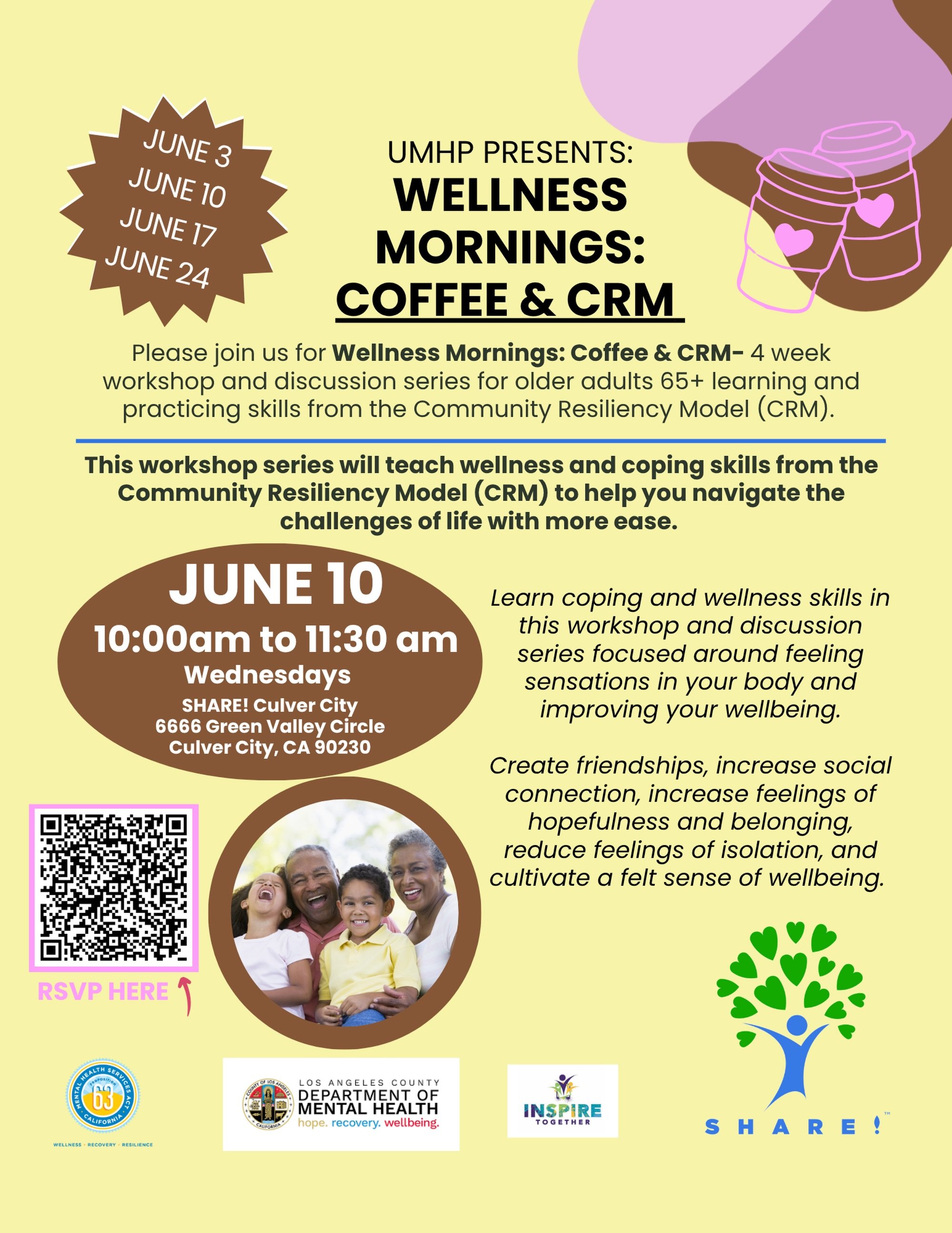 Older adults (65+), join @share.selfhelp for a 4-week workshop series to learn practical coping and wellness skills from the Community Resiliency Model (CRM). Come build connections, reduce stress, and improve your well-being in a supportive environm