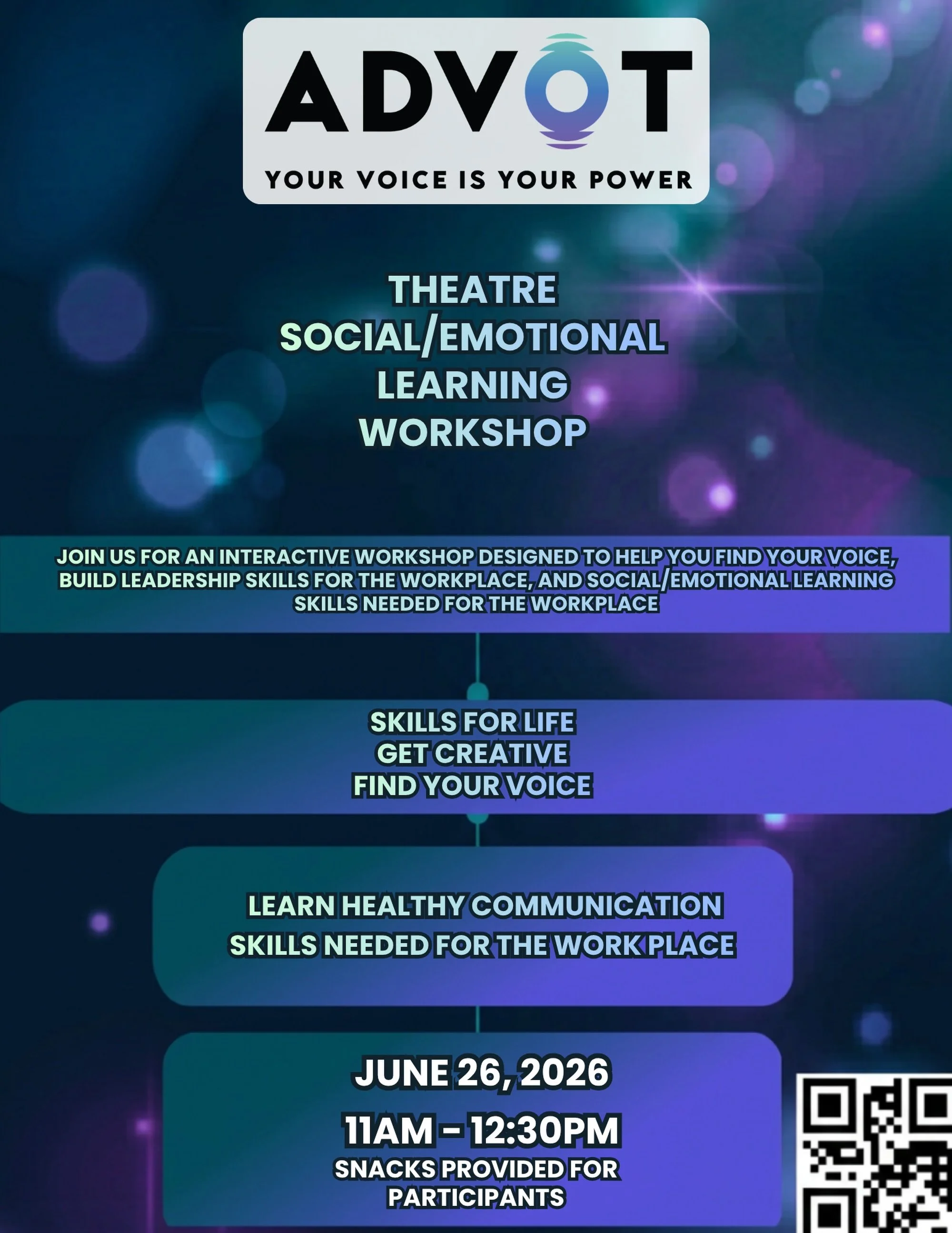We are thrilled to host ADVOT at our Los Angeles location for an interactive Theatre Social/Emotional Learning Workshop. Taking place on June 26, 2026, from 11:00 AM to 12:30 PM at 5301 S Vermont Avenue, this event is designed to help attendees find 