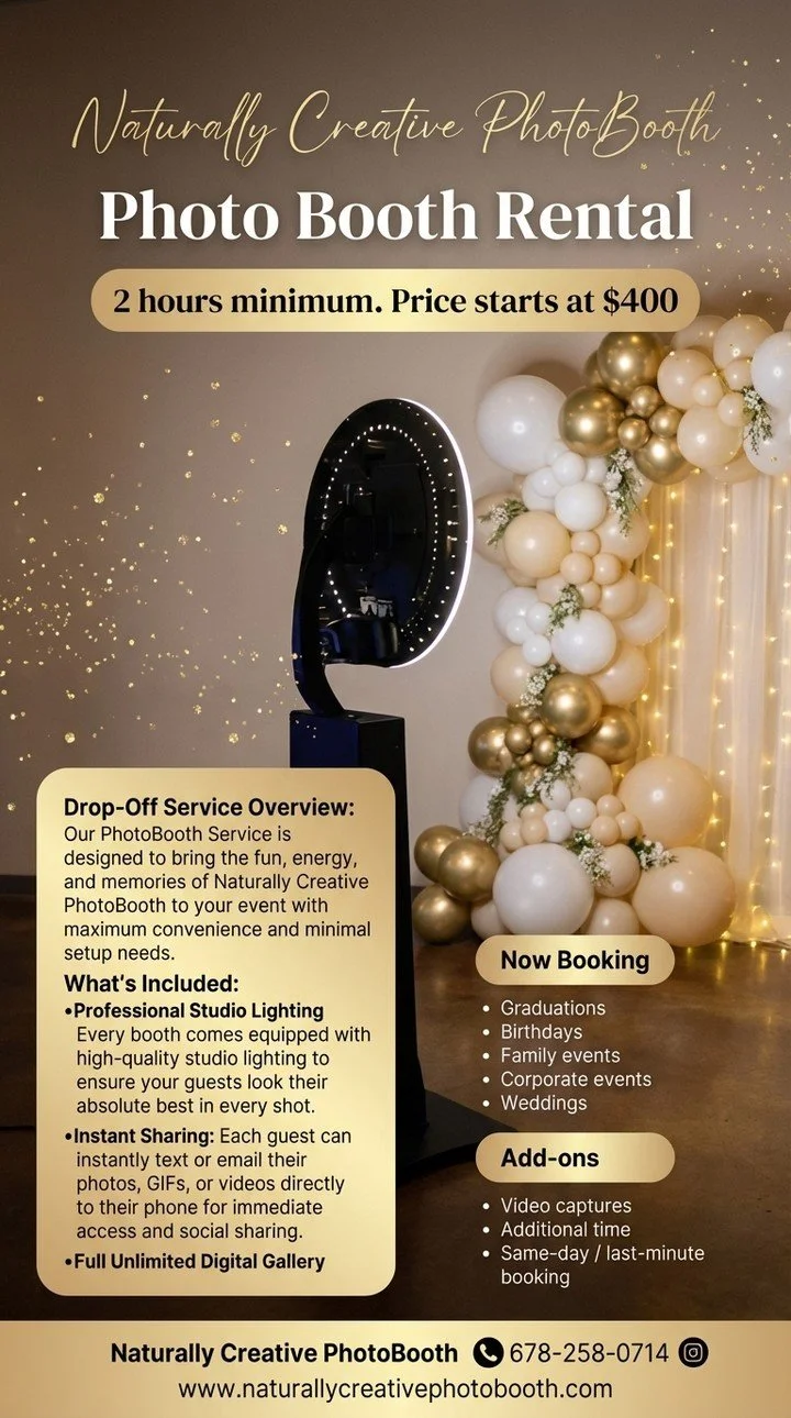 Welcome to Charlotte's Ultimate Photo Booth Experience!

Enhance your event with Naturally Creative PhotoBooth, where our professional lighting and clean setup ensure picture-perfect moments. Lights are shining, cameras are prepped, and memories are 