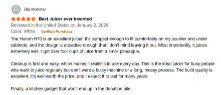 Five-star Amazon review for Hurom H70 juicer highlighting compact design, high juice yield, easy cleanup, and durable build quality.