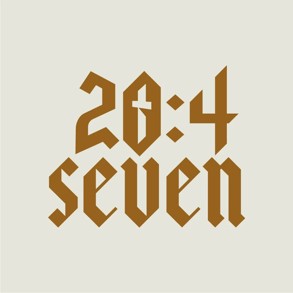 The text '20:4 seven' in a stylized Gothic font on a light background.