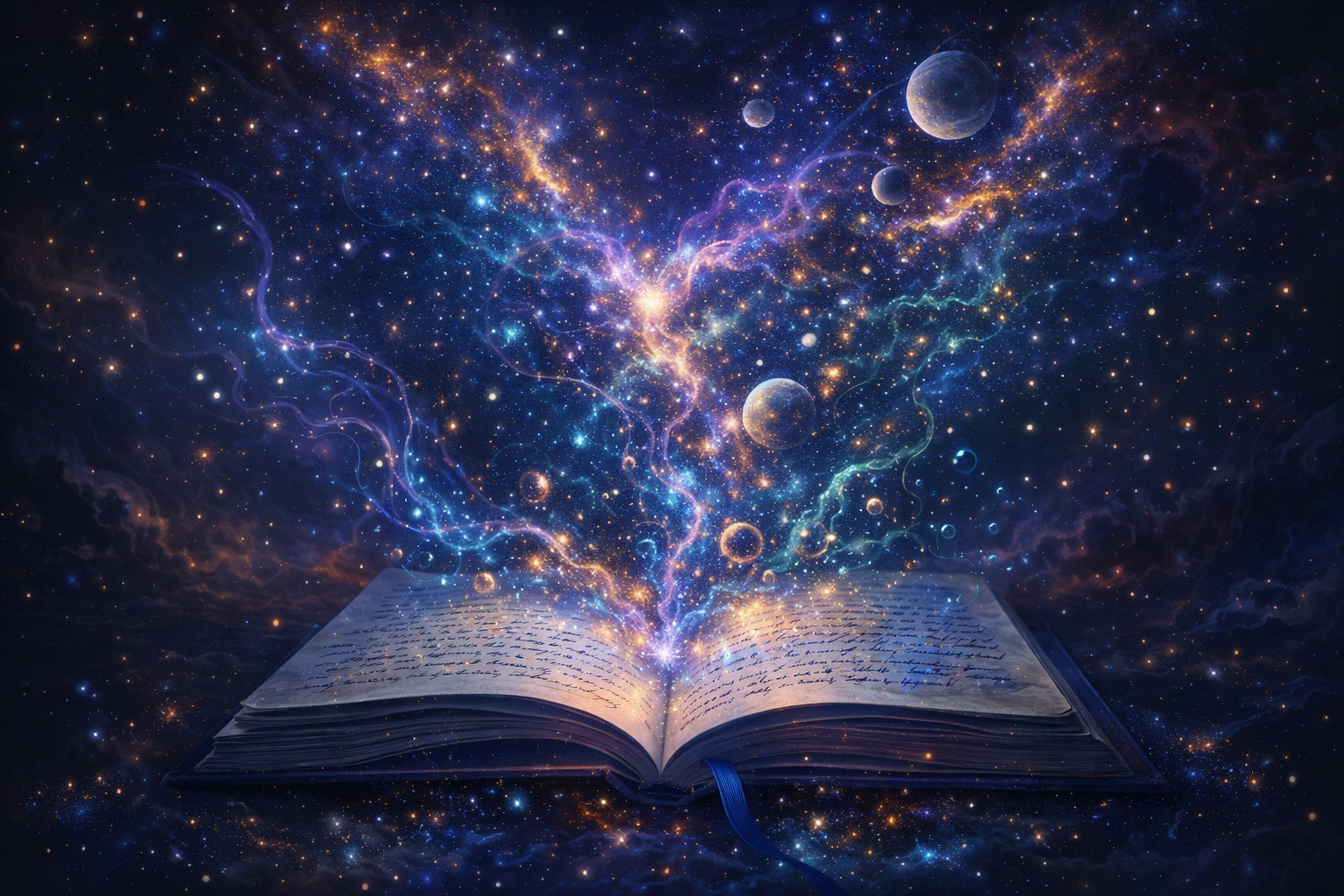 Surreal cosmic illustration of an open book with stars, planets, and glowing energy representing imagination, dream symbolism, and philosophical theories