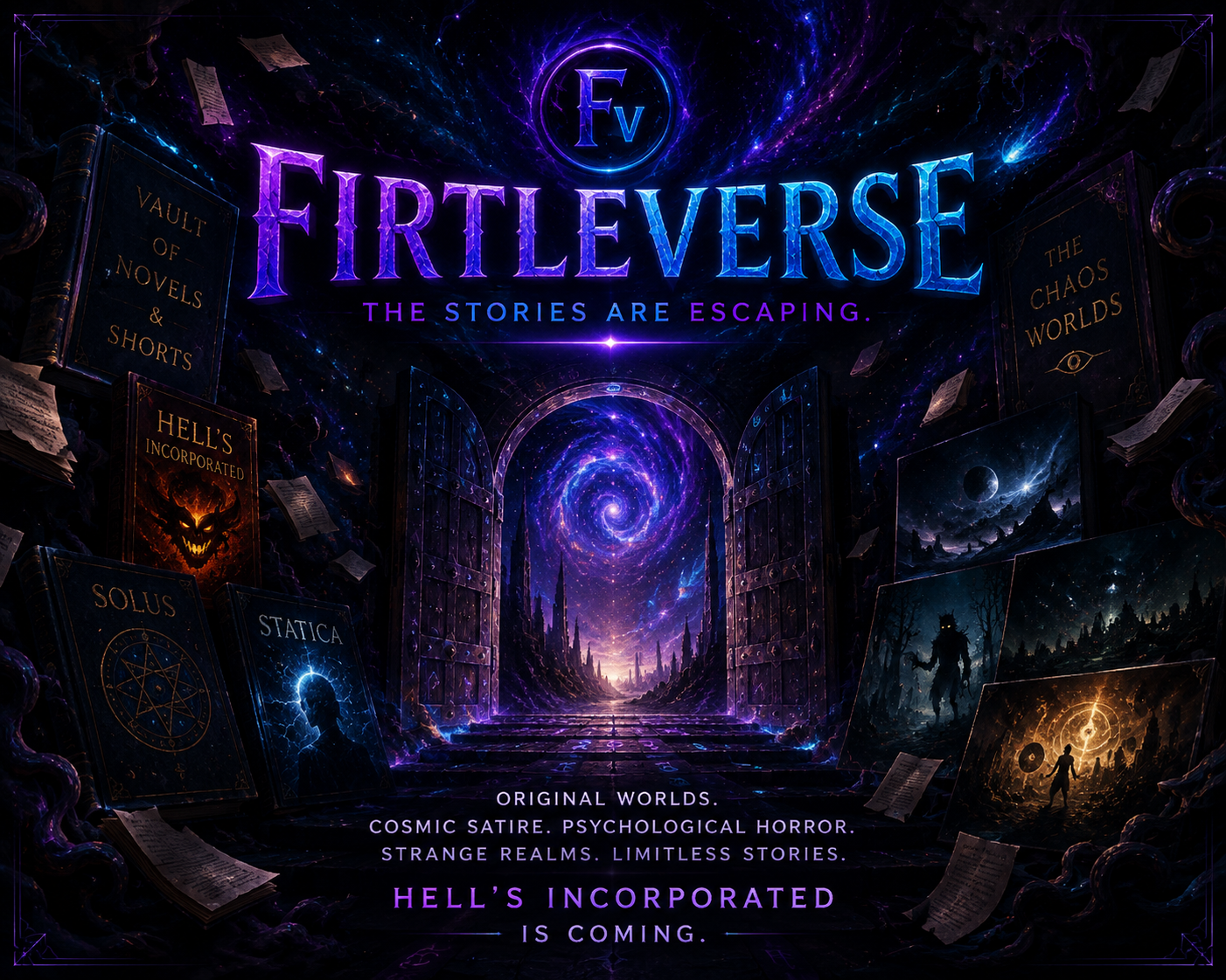 Illustrated promotional banner for FirtleVerse. A glowing portal opens into a cosmic landscape surrounded by floating books and original story artwork. Text announces an upcoming collection of original worlds, including Hell's Incorporated, with them