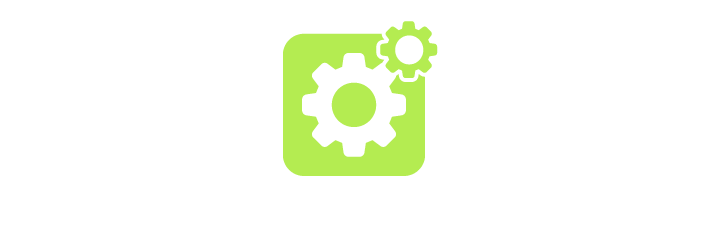 Icon of two gears, one larger black and one smaller white, inside a green square with rounded corners.