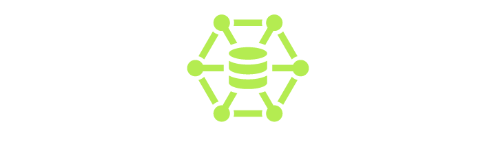 Icon of a database surrounded by molecular structure lines in green.