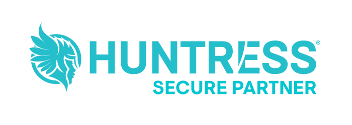 Huntress logo with a lion head in profile and the words Huntress Secure Partner.