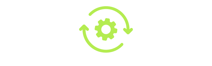 Green gear icon surrounded by circular arrows, representing process or settings.