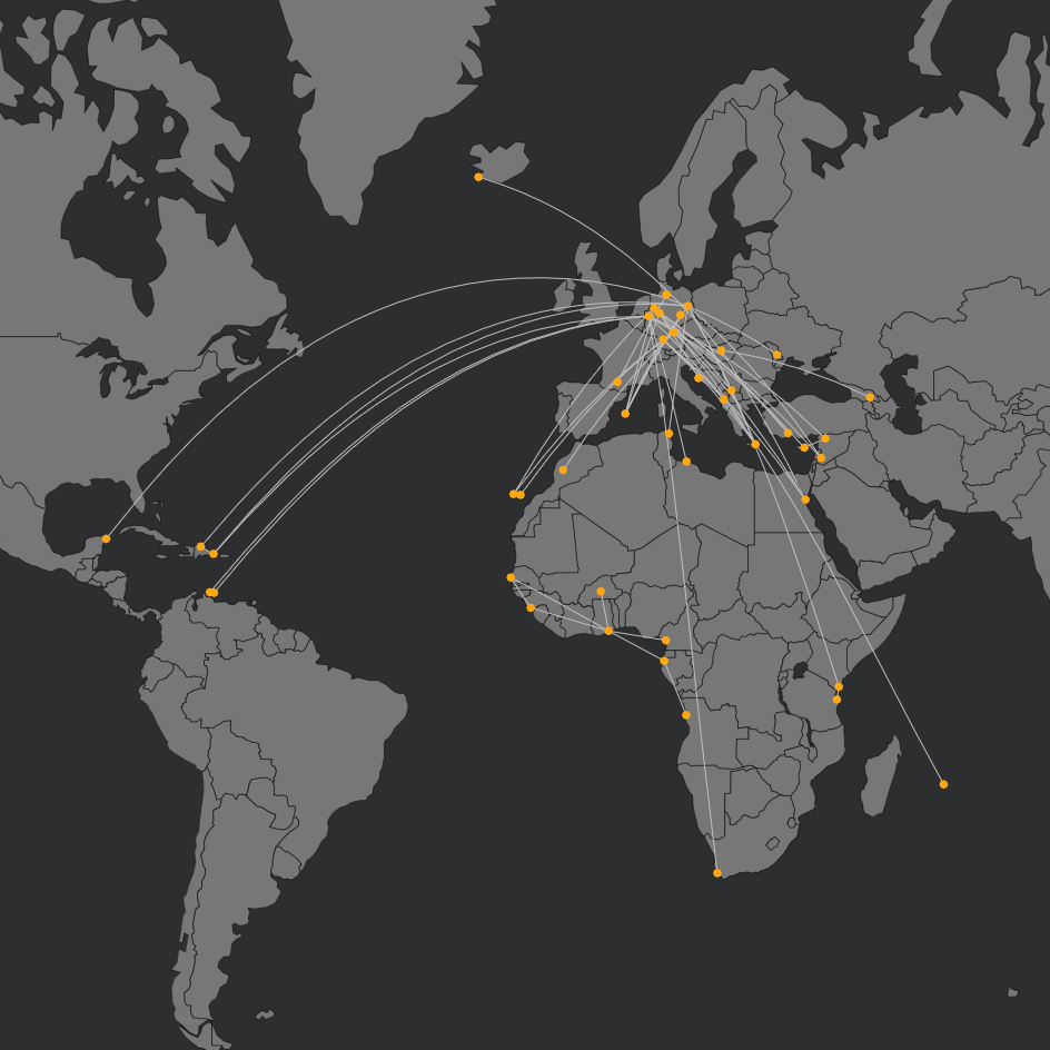 A world map showing routes connecting various cities across North America, Europe, Africa, and Asia, indicating international routes or connections.
