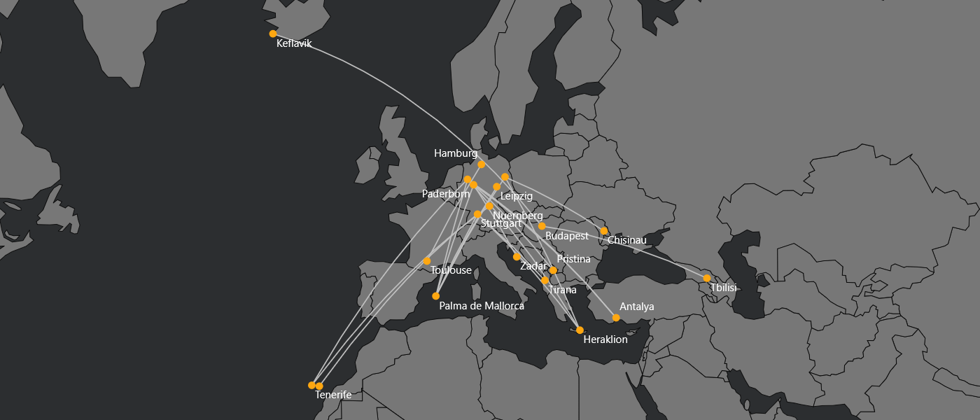 Map of Europe with travel routes connecting various cities including Hamburg, Berlin, Budapest, Tirana, Heraklion, and Tenerife.