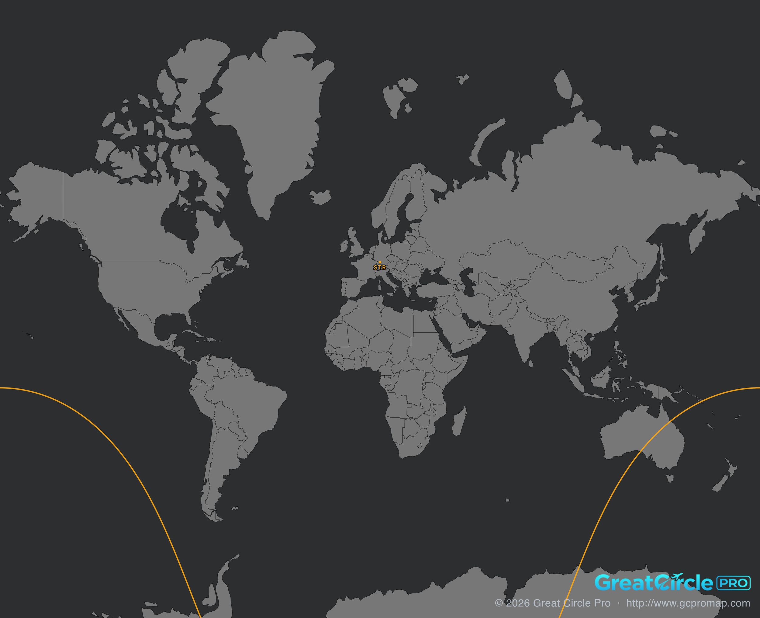 A world map with a dark background, displaying continents in shades of gray showing aircraft range rings.