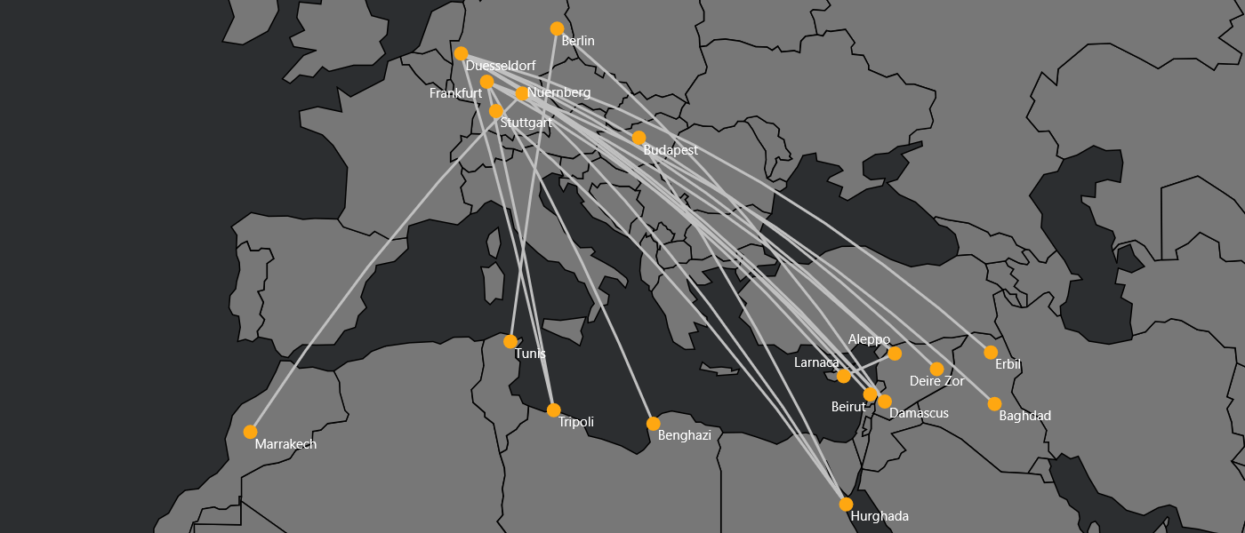 Map of Europe and parts of North Africa and the Middle East showing flight routes from various European cities to Middle Eastern airports. The routes originate mainly from cities in Germany and possibly other parts of Europe, connecting to airports in Baghdad, Herghada, Damascus, Beirut, Aleppo, Deire Zor, Erbil, Baghdad, and other Middle Eastern cities.