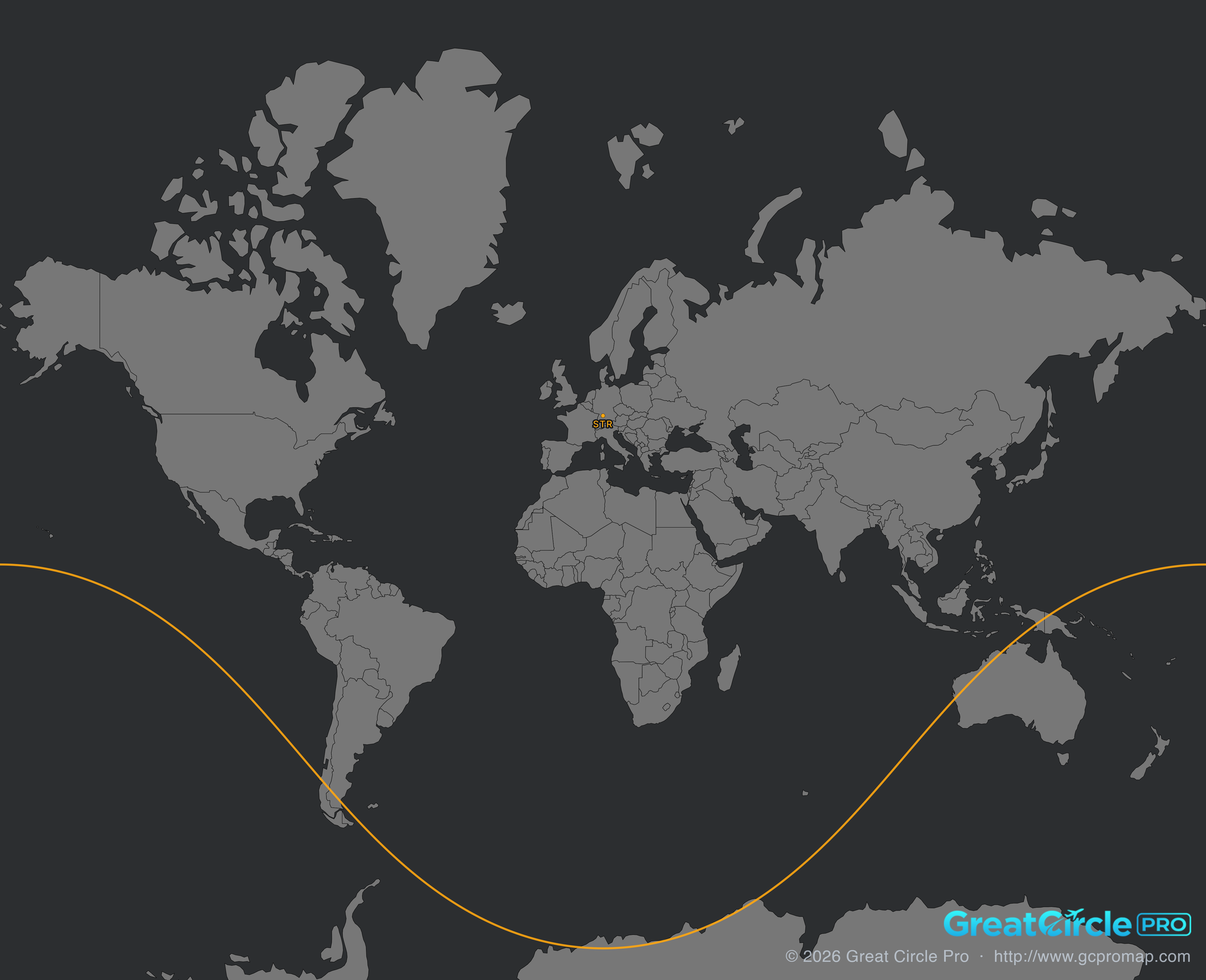 A world map with a dark background, displaying continents in shades of gray showing aircraft range rings.