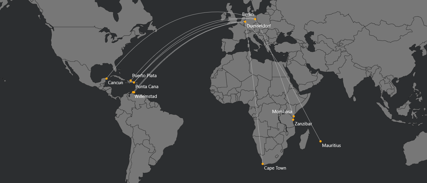 World map showing routes from Berlin, Germany through multiple African and Caribbean ports, including Cape Town, Mauritius, Zanzibar, Mombasa, and various ports in Mexico such as Cancun, Puerto Plata, Punta Cana, and Willemstad.