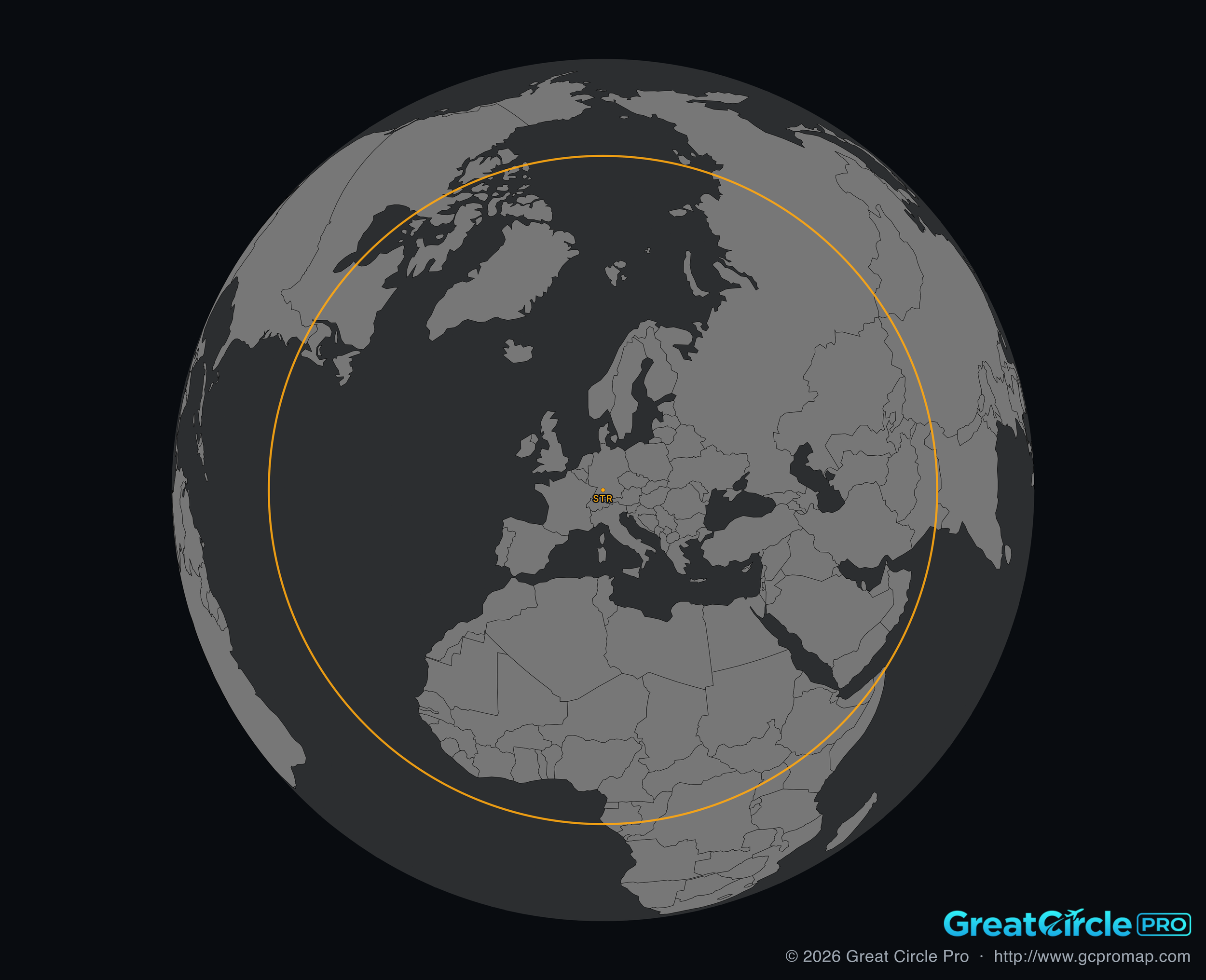A world map with a dark background, displaying continents in shades of gray showing aircraft range rings.