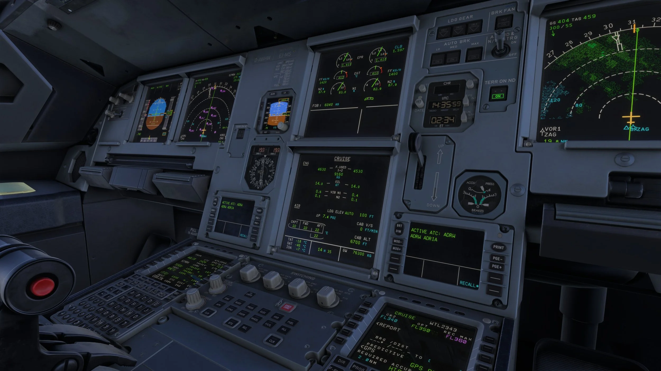 A detailed view of airplane cockpit displaying numerous digital and analog control panels and screens with flight information.