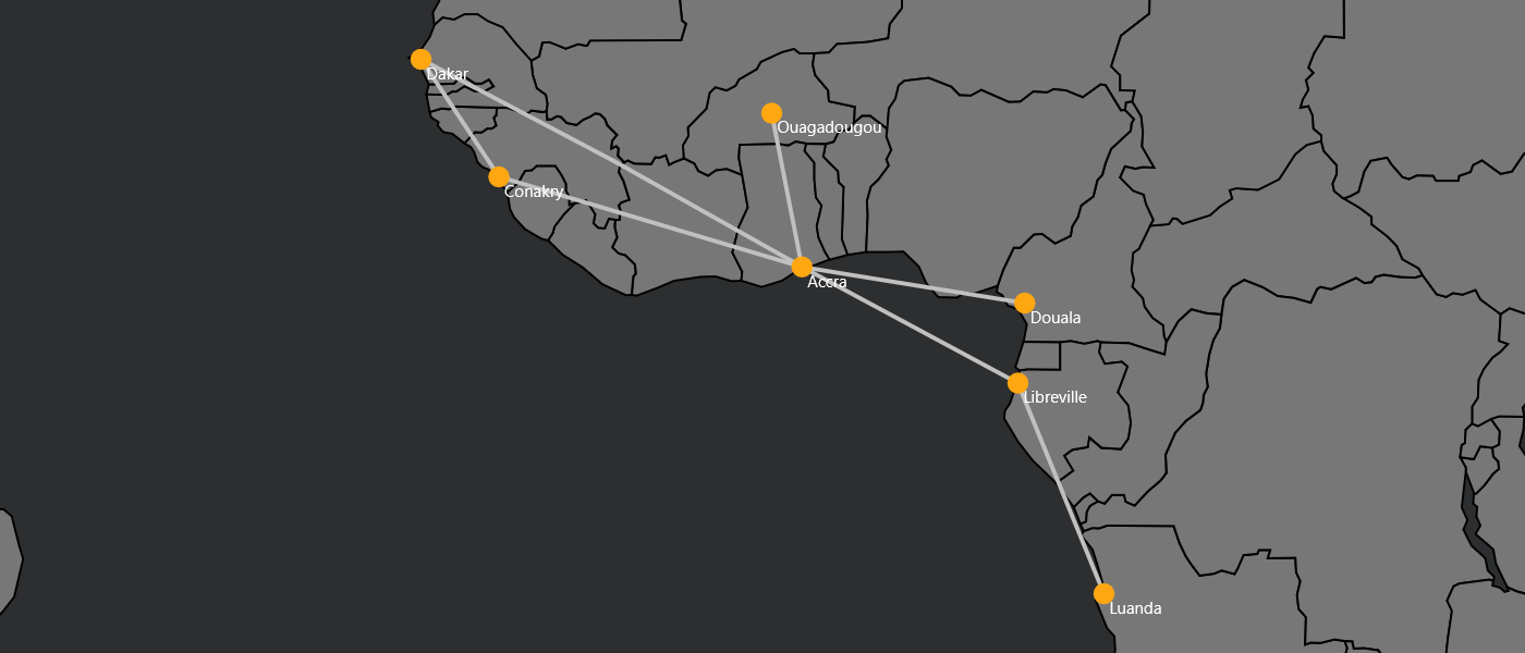 Map showing routes across several cities in West Africa, including Dakar, Conakry, Ouagadougou, Accra, Douala, Libreville, and Luanda, with lines connecting these cities.