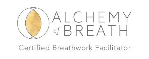 Logo for Alchemy of Breath, a certified breathwork facilitator with a black background, featuring a stylized circular graphic with a yellow and beige center.