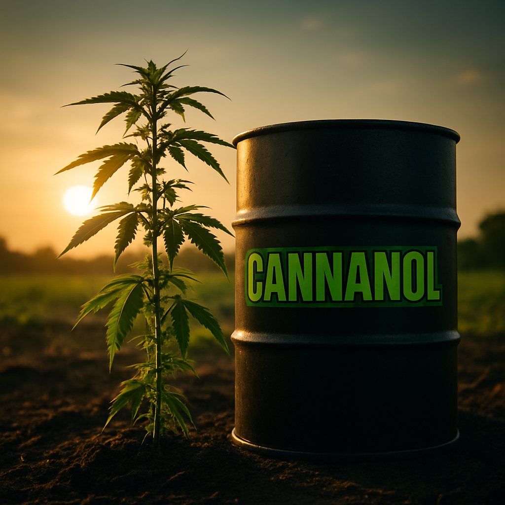 A cannabis plant growing in the soil next to a black barrel labeled 'CANNABIS' during sunset.
