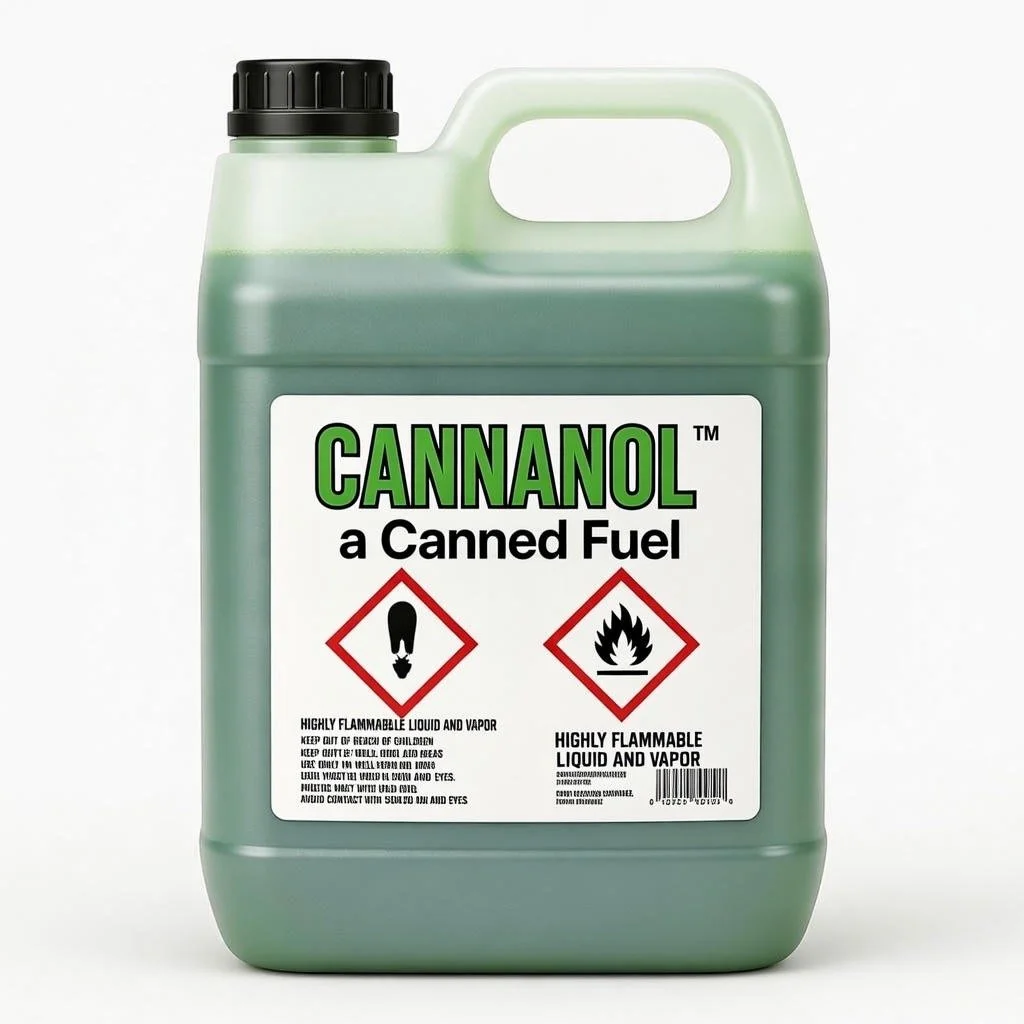 A large green container labeled "CANNON L™ a Canned Fuel" with hazard symbols indicating flammability. The container has a black cap and a handle on top.