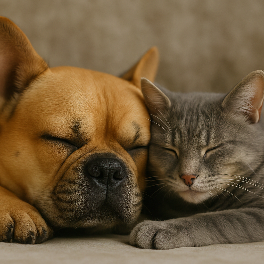 A close-up of a puppy and a kitten sleeping side by side, resting their heads against each other.