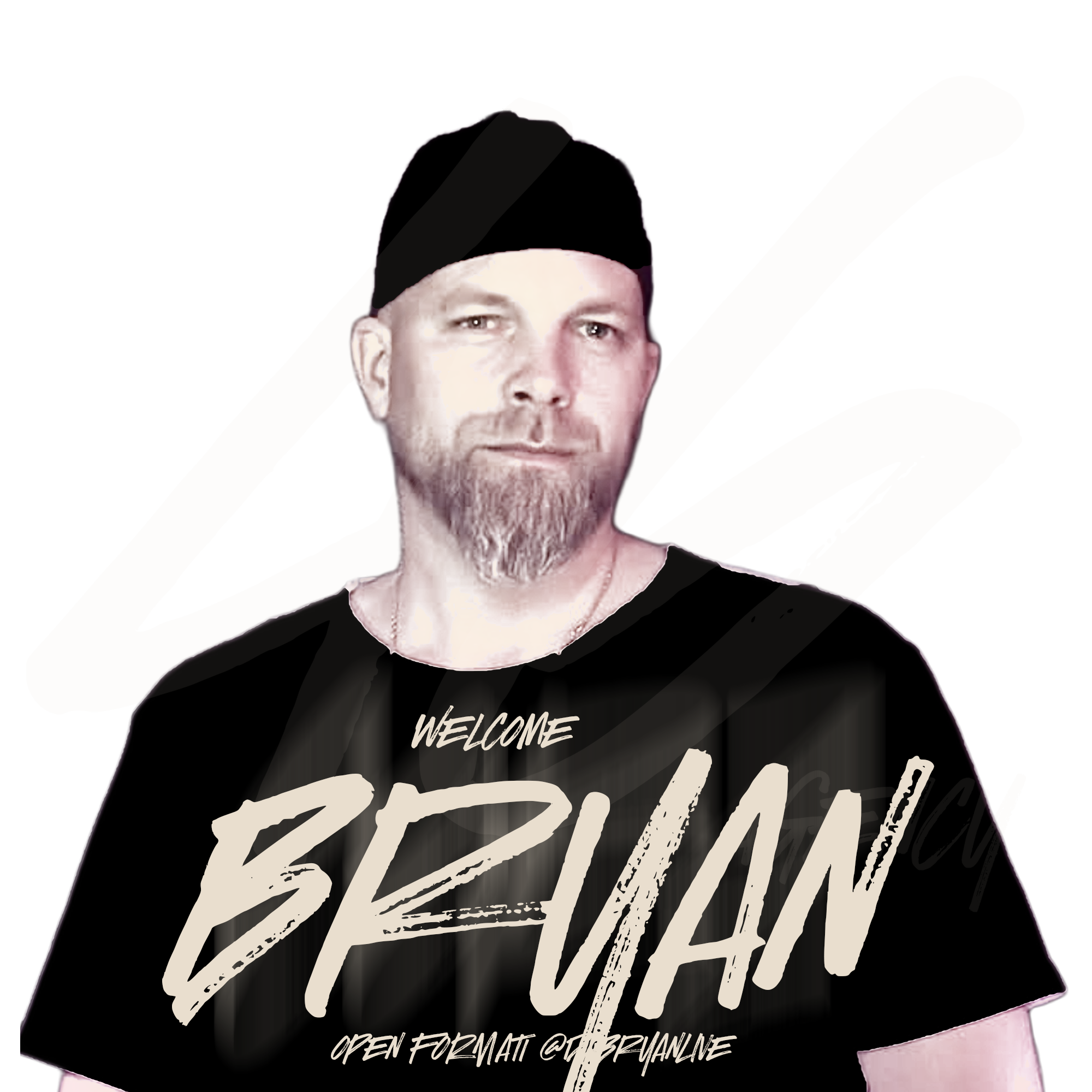 A man with a beard and mustache wearing a black cap and black t-shirt with the words 'Welcome BRUAN open format @bruannel' printed on it, standing against a plain background.