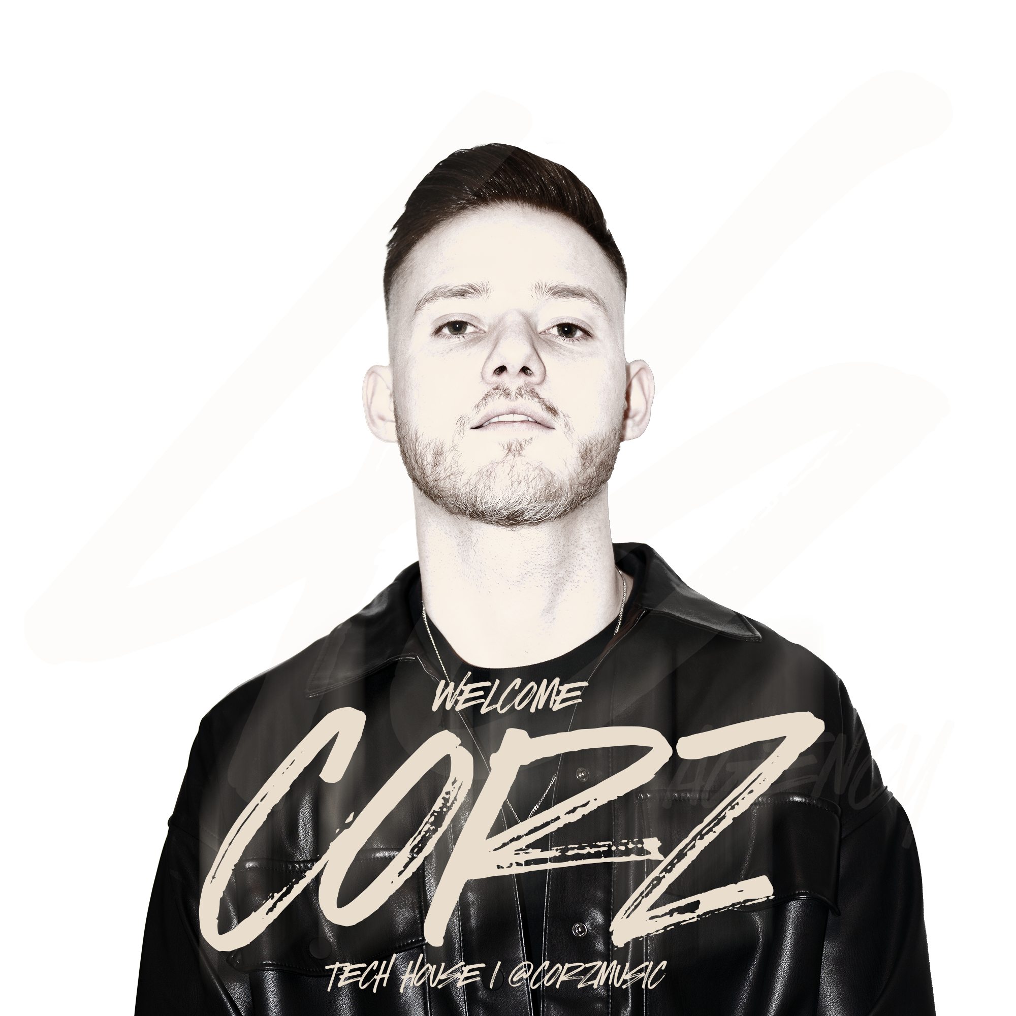 A young man with short brown hair and a beard, wearing a black leather jacket and a black shirt, staring directly at the camera with a neutral expression. The background features a beige and off-white geometric design with the words "WELCOME COPZ" and the phrase "TECH HOUSE" along with the Instagram handle "@COPZMUSIC".