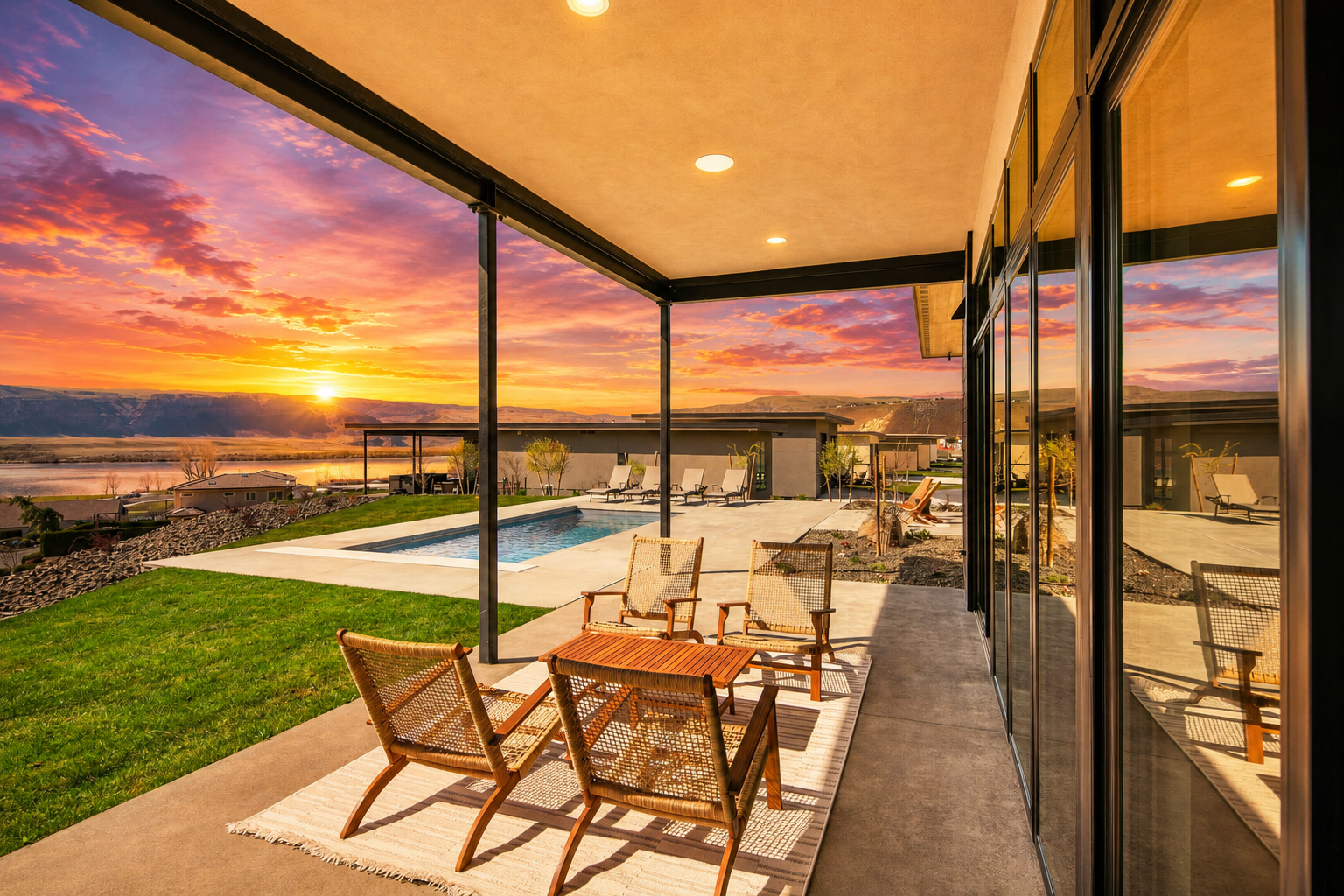 Sunset view from a patio with outdoor furniture, overlooking a swimming pool and a scenic landscape with hills and water.
