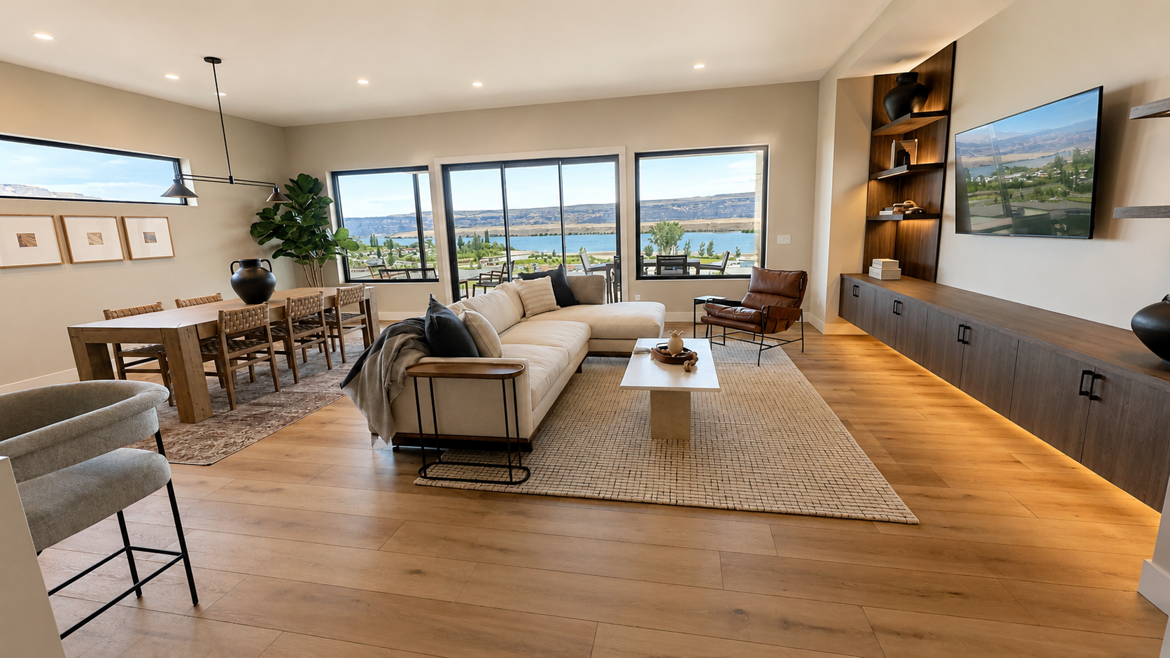 Modern living room with large windows overlooking a lake and mountains, featuring a beige sectional sofa, wooden coffee table, armchair, built-in wall unit, and dining area with wooden table and chairs.