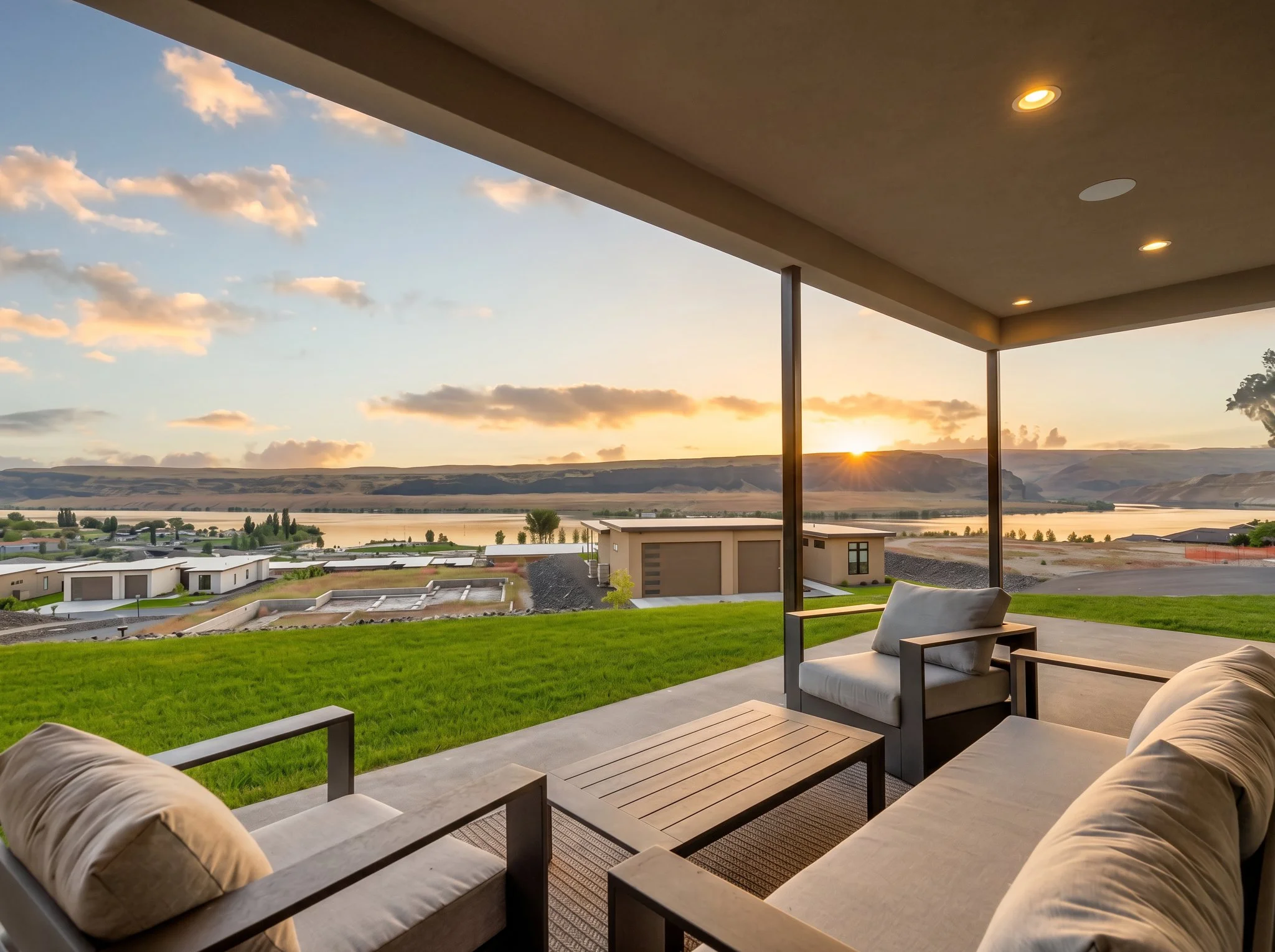 A modern outdoor patio area with cushioned chairs and a table overlooks a scenic view of a river, rolling hills, and a sunset sky with clouds.