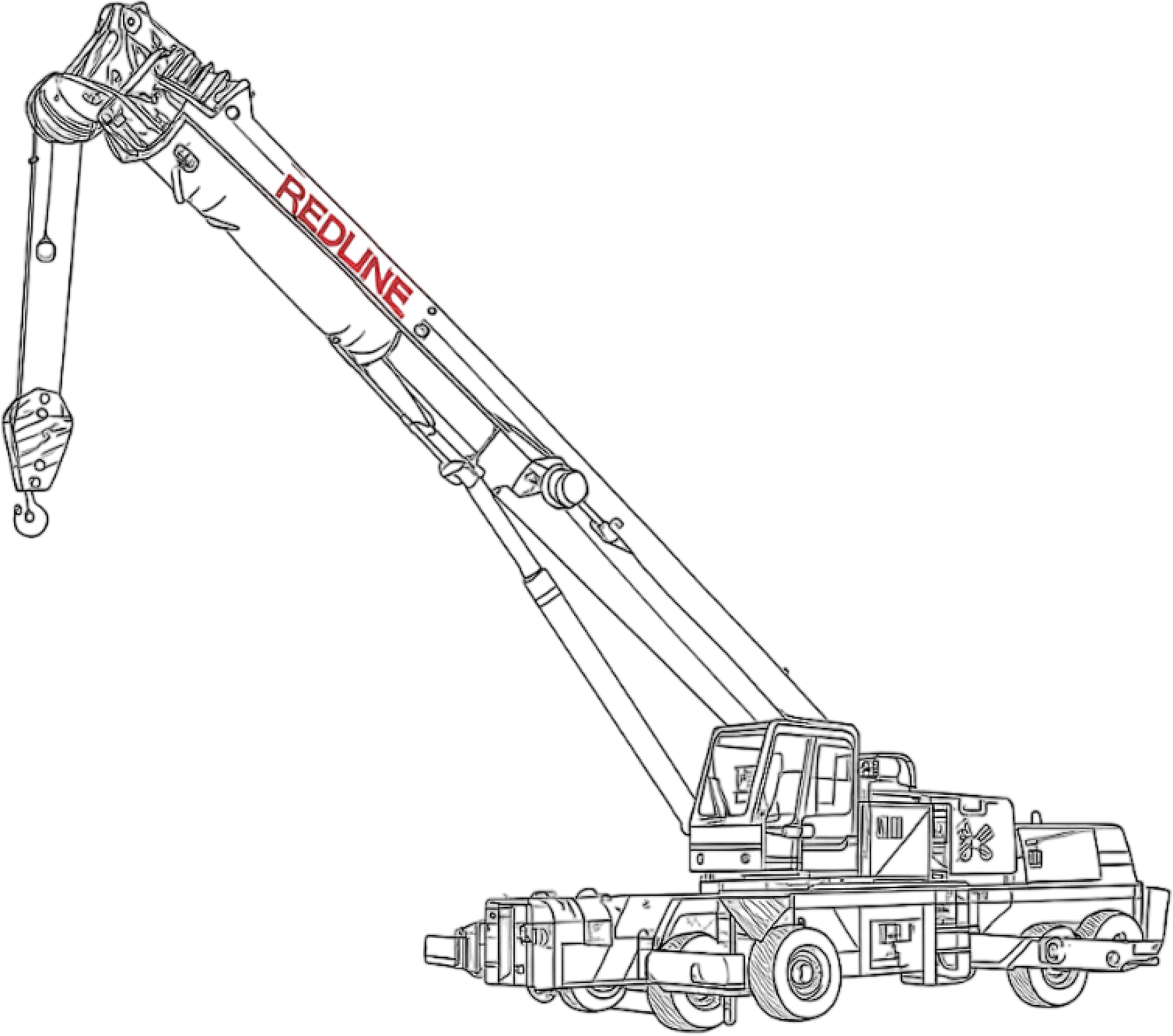 Outline drawing of a crane truck with the word 'RELIING' written on the boom.