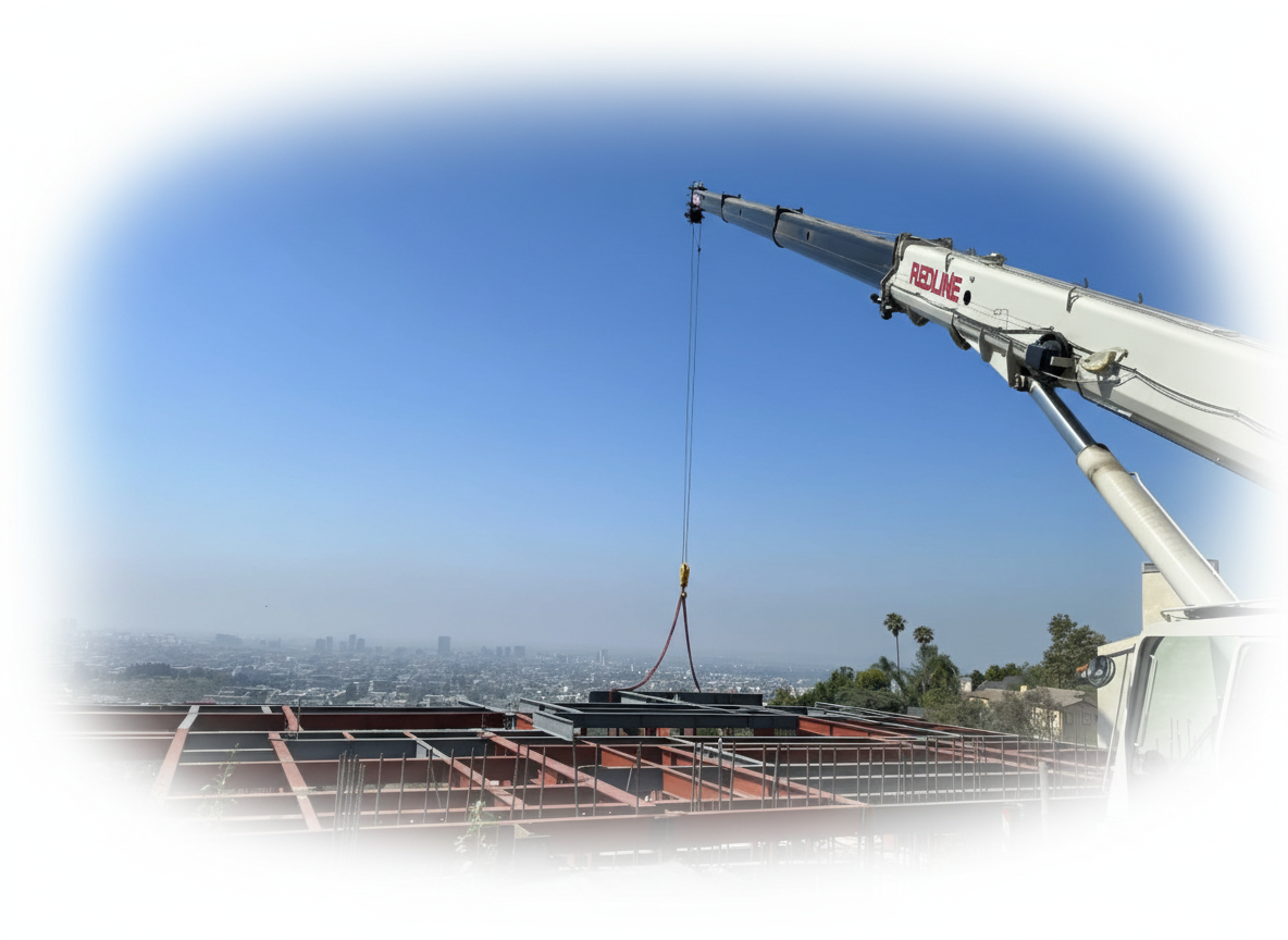 Crane lifting a large metal structure above a cityscape.