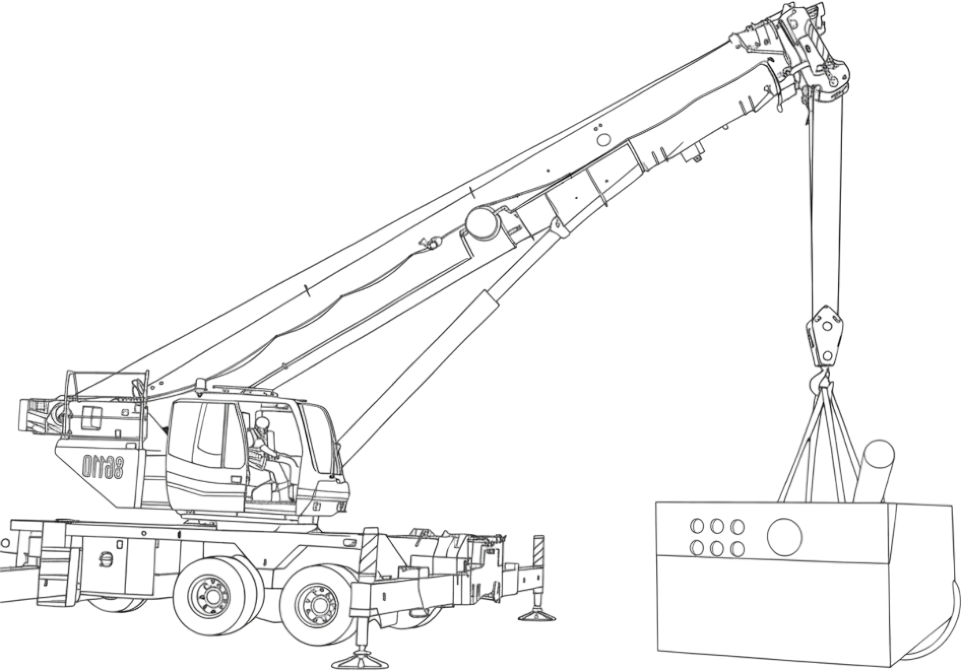 Outline drawing of a crane lifting a large object, with a control box, stabilizer pads, and detailed parts.