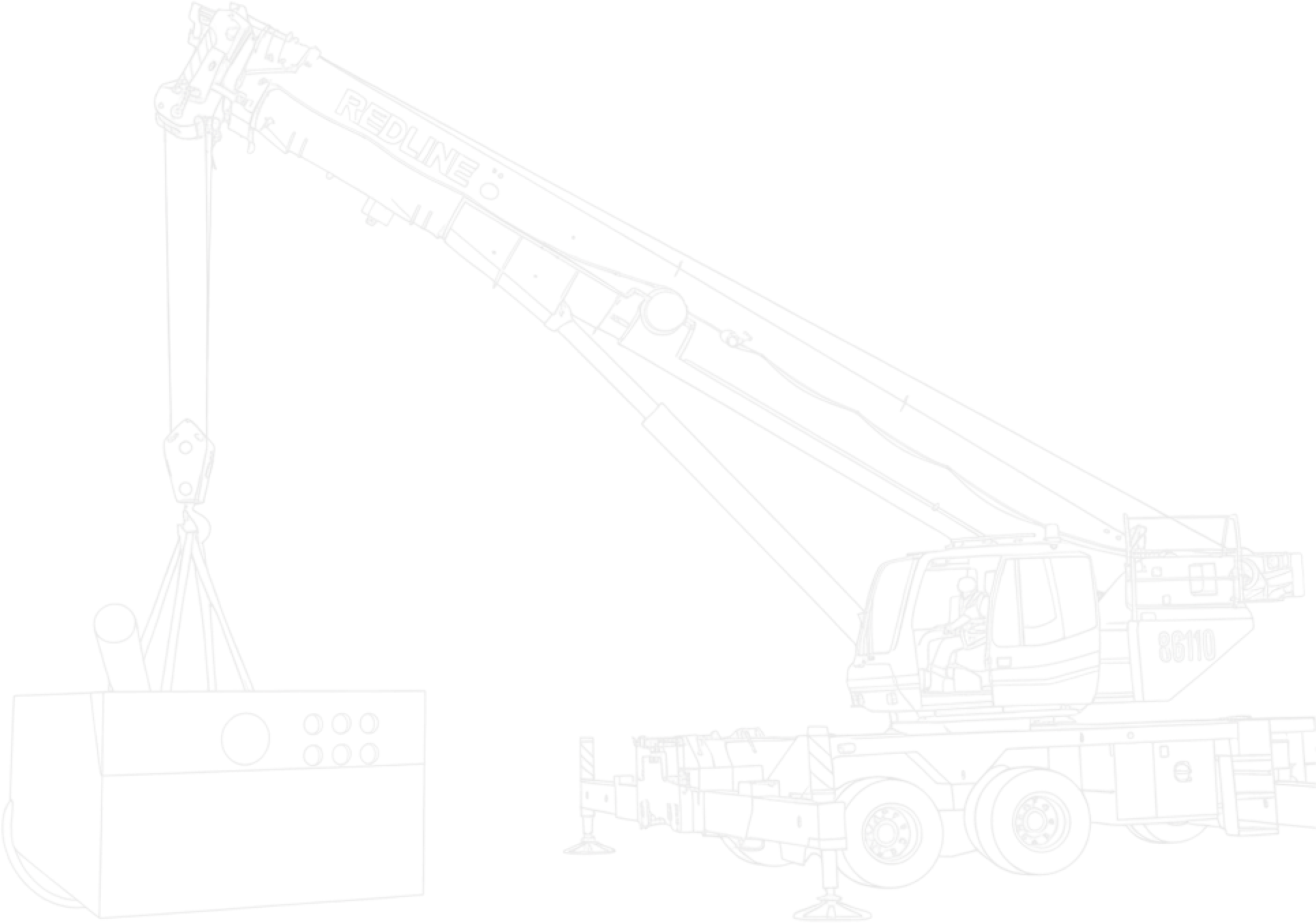 Blueprint outline of a mobile crane with telescopic boom extended and a load block attached, with detailed structural components.