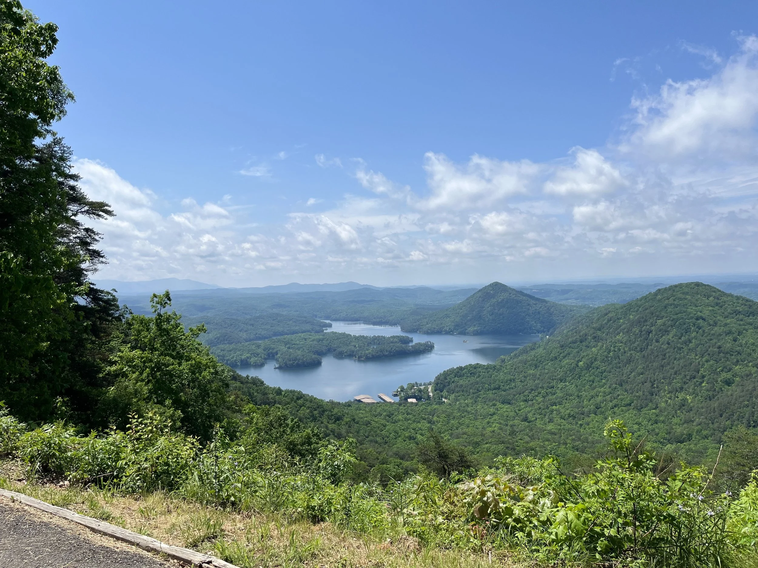 Panoramic view of a lush green landscape with a lake, surrounded by hills and mountains under a partly cloudy sky. Photo credit: Charlie Bilbrey, a TN-based therapist.