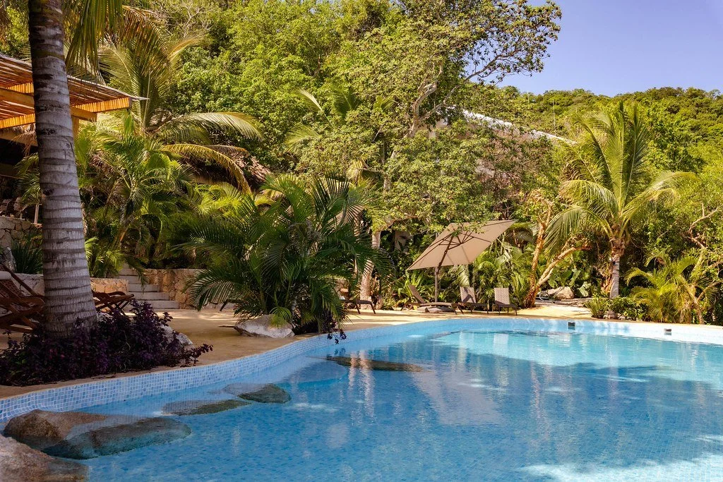 Tropical resort pool surrounded by lush greenery, ideal for a destination wedding getaway