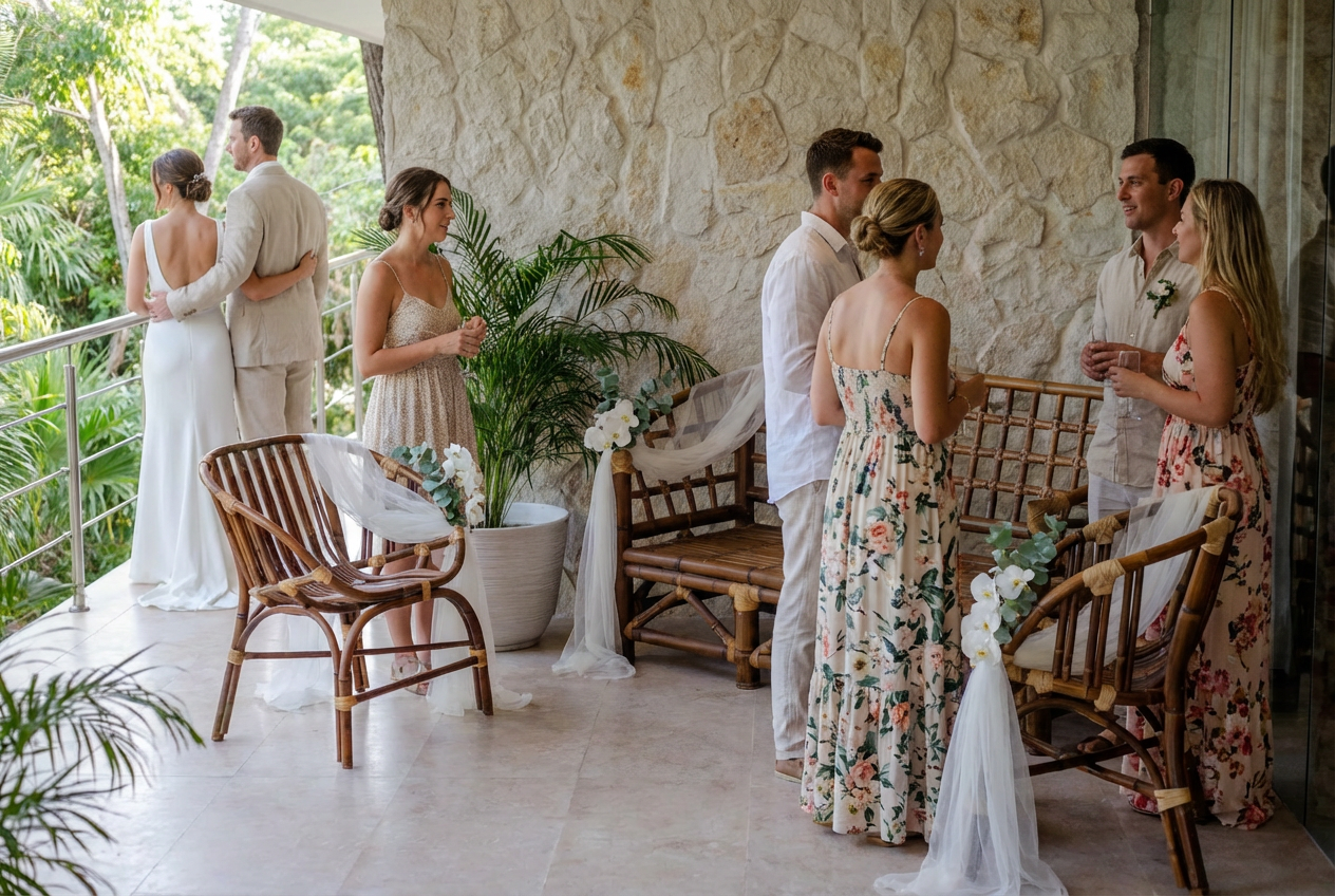 Intimate destination wedding with a small group of guests gathered on an outdoor terrace during a 50 person wedding celebration0