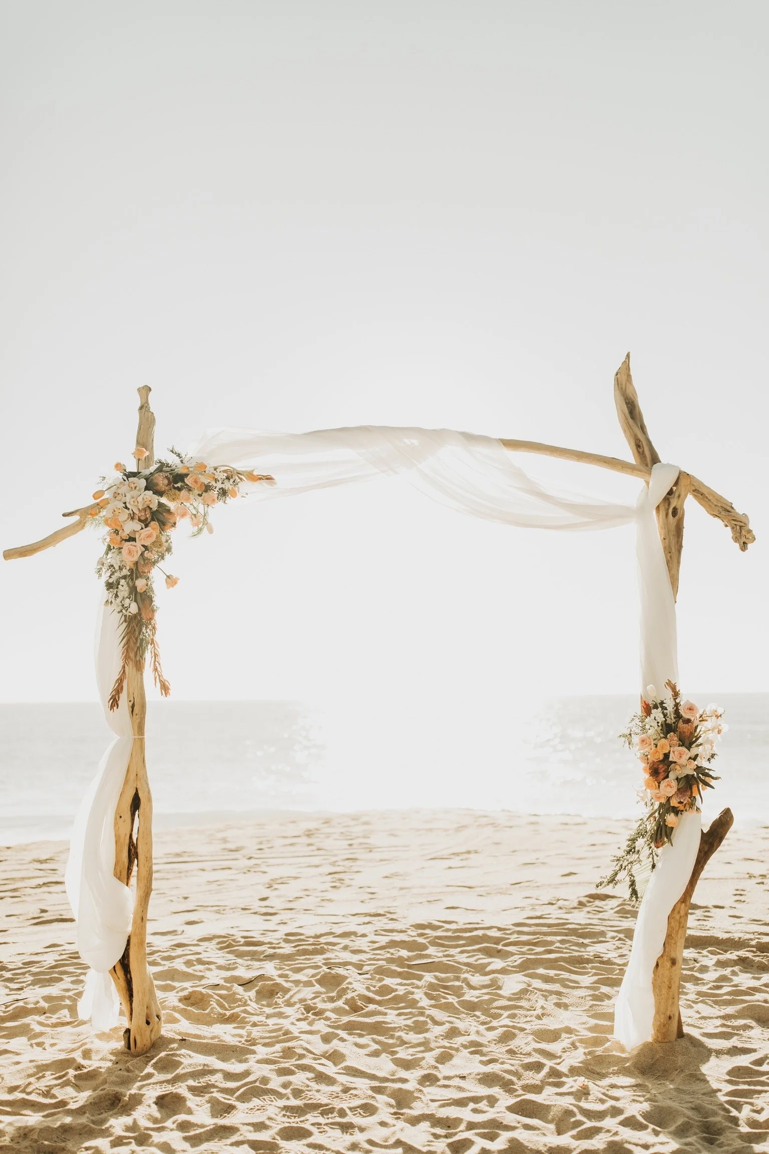 Beach wedding arch made from driftwood and white fabric, decorated with soft floral arrangements, set on a sandy shoreline with the ocean in the background.
