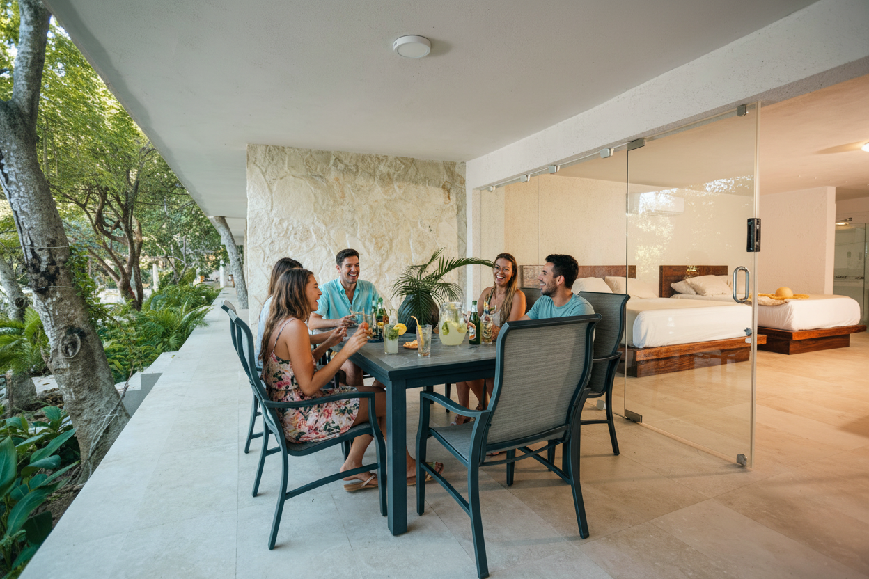 Group of coworkers sitting together on a patio at a corporate retreat, enjoying casual conversation and team activities in a relaxed setting.