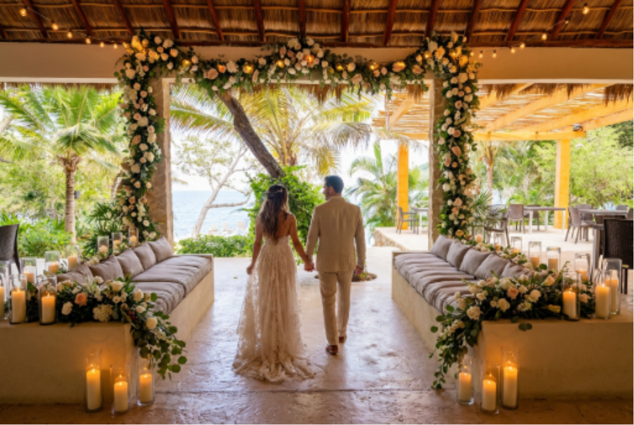Bride and groom walking through an intimate destination wedding ceremony space overlooking the ocean