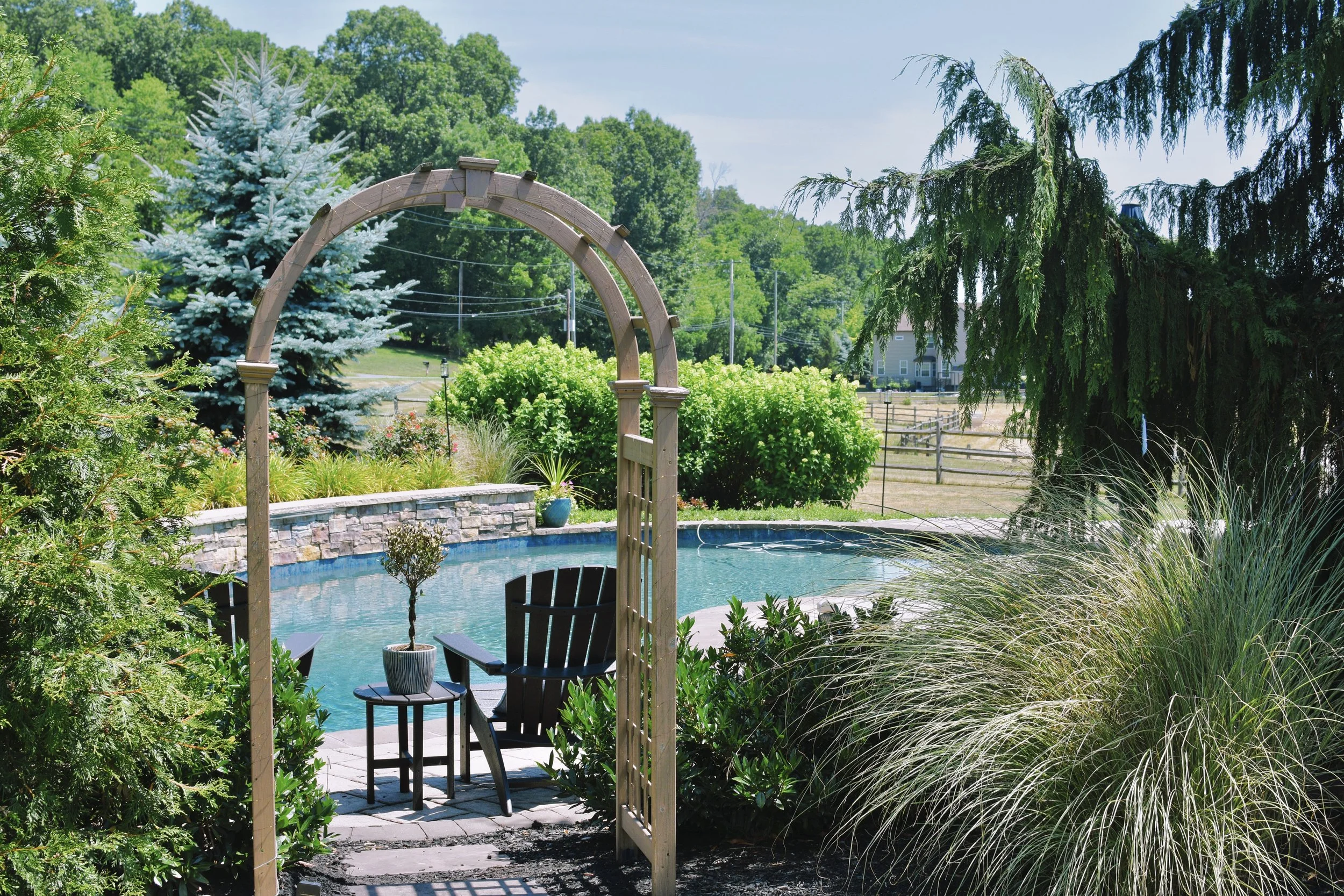 A backyard scene featuring a pool, outdoor furniture, a wooden archway, and lush greenery including trees and shrubs under a partly cloudy sky.