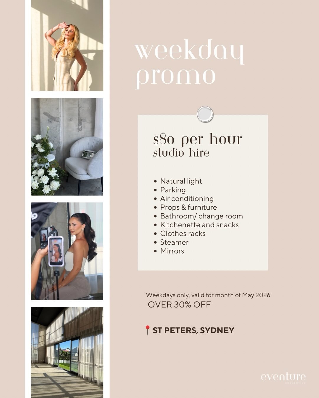 Weekday promo on for the entire month of May! Over 30% off our weekday rates! 

To support our smaller creators and brands to capture amazing content in studio 📸 
We are giving back because we appreciate all your support in our opening months! 

All
