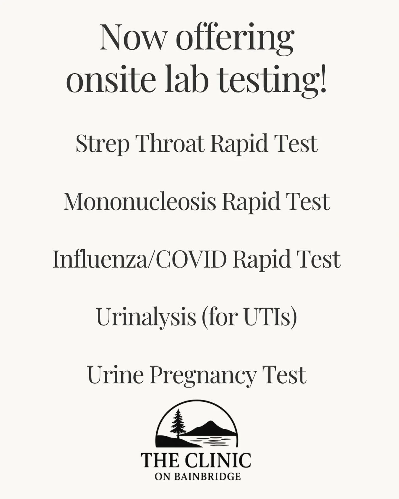 We are so excited to announce that we received our onsite lab certification from the WA Department of Health. We are now able to process a handful of rapid labs on-site! Check out our website for more details and pricing! theclinicbainbridge.com